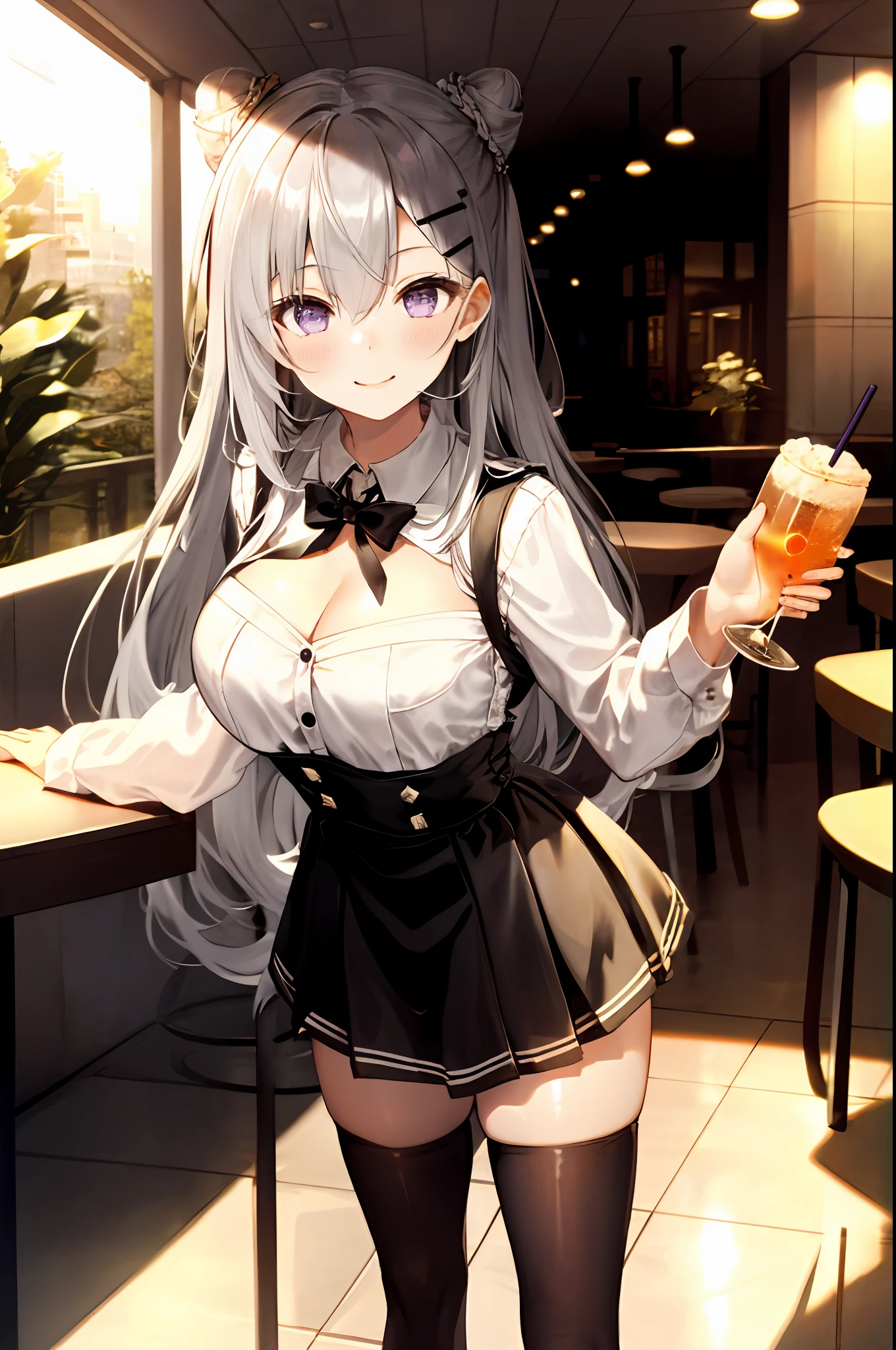 Zeta, hololive id, 1girl, solo, maid dress, meidofuku, maid uniform, maid, black thighhighs, breasts, cleavage, pleated skirt, hair between eyes, long hair, hair ornament, double cone hair bun, looking at viewer, messy hair, silver hair, purple eyes, solo, thighhighs, thighs, long hair, ((masterpiece)), standing, sexy pose, blush, shy, smile, closes mouth, cafe, table, food, drink, chair, indoor, serving cafe, taking cafe order,