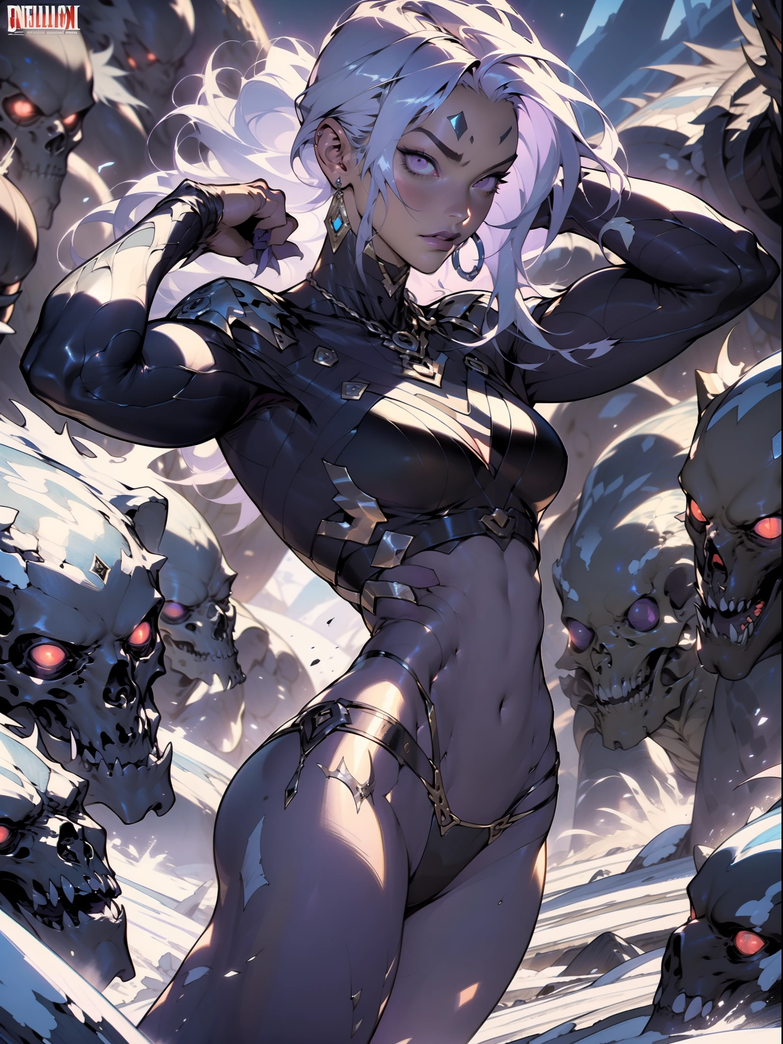 Sorayama style, metallic arm, (((best quality))), ((( masterpiece ))), ((( absurdres ))), ((( whole body)))), muscular woman beautiful warrior Barbara wielding a large war axe, Conan the Barbarian style, Simon Bisley style for a cover of Heavy Metal magazine, (( tiny thong made of gleaming metal )), (( large breasts semi covered by gleaming metal )), ((( dark purple clothing ))), white hair with dreadlocks, generous neckline, necklace of bones and teeth, earring of bones, scenery of icy mountains, ((( whole body )))), (( ( brown ))), ((((whole body)))