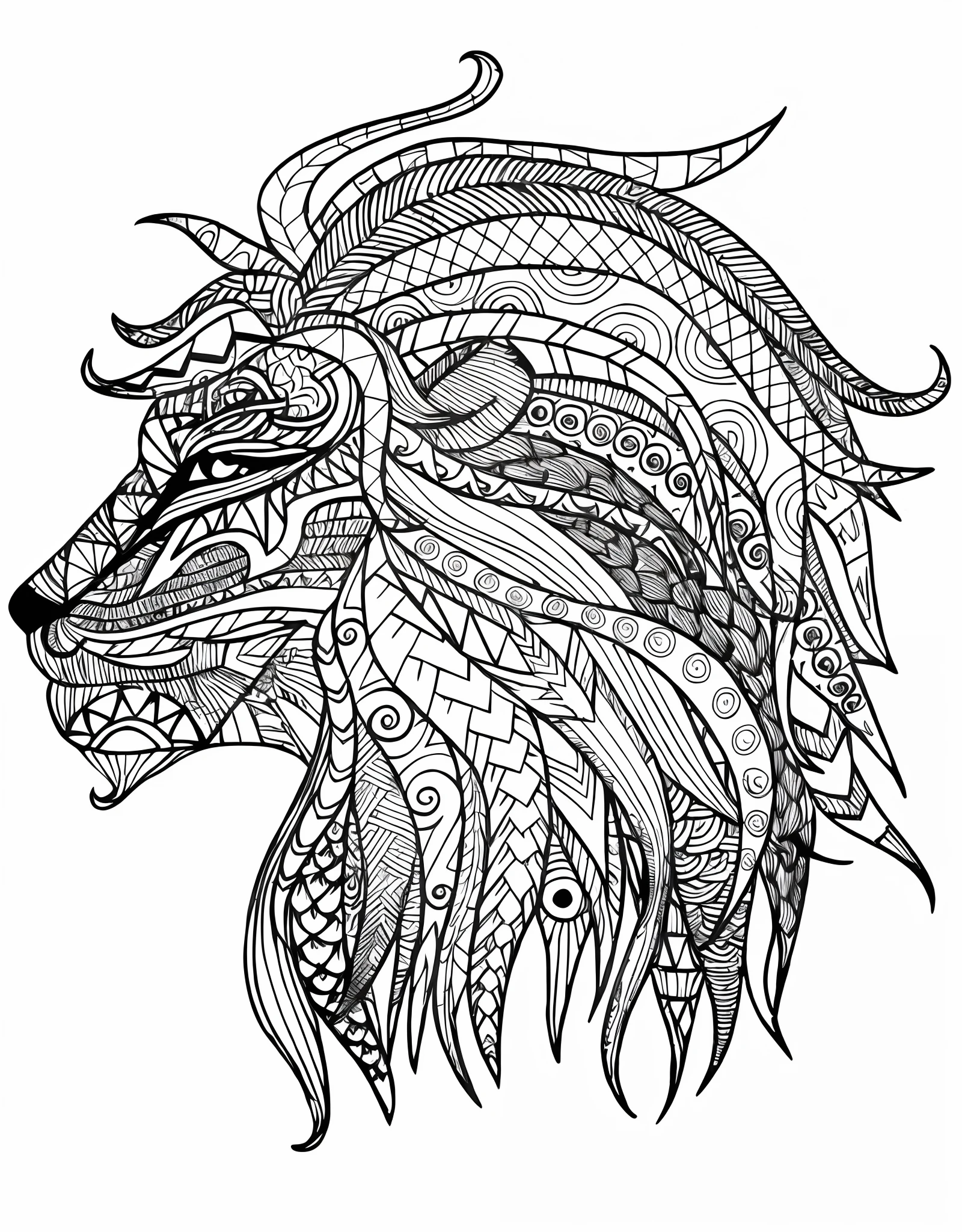 a lion head with intricate patterns, lion head, cartoon style, lion head, very detailed and ornate, with the mane of a lion, detailed clean ink line drawing, detailed line art, lion mane, half lion, line art illustration, lion, coloring book style, clean coloring book page, Third Lion's Head, Lion with Crown