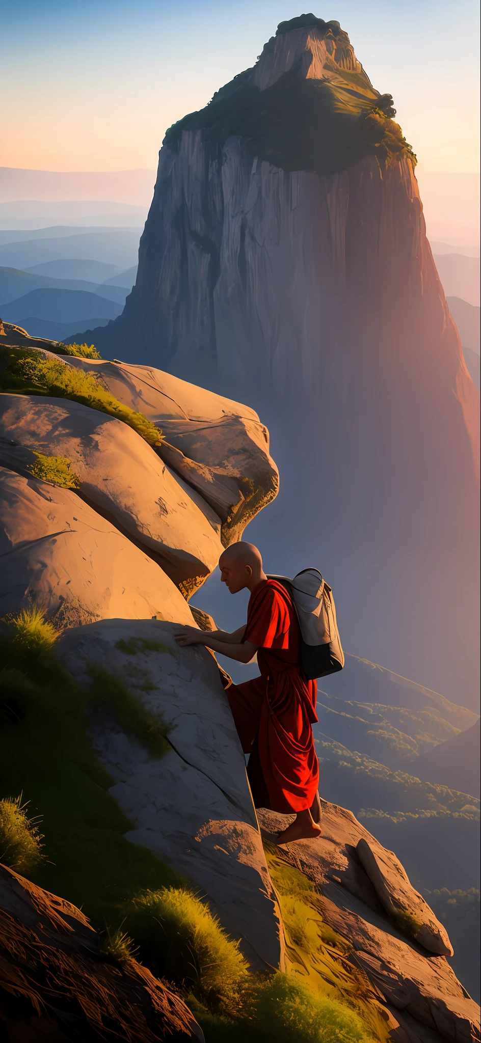 Ancient monk climbing a giant mountain with bag on the back, realistic photo in 8k, stunning landscape, sunset light, detailed textures, expression of effort on the face, capturing the immensity and beauty of nature with 1920 pixel wide and 720 pixel high