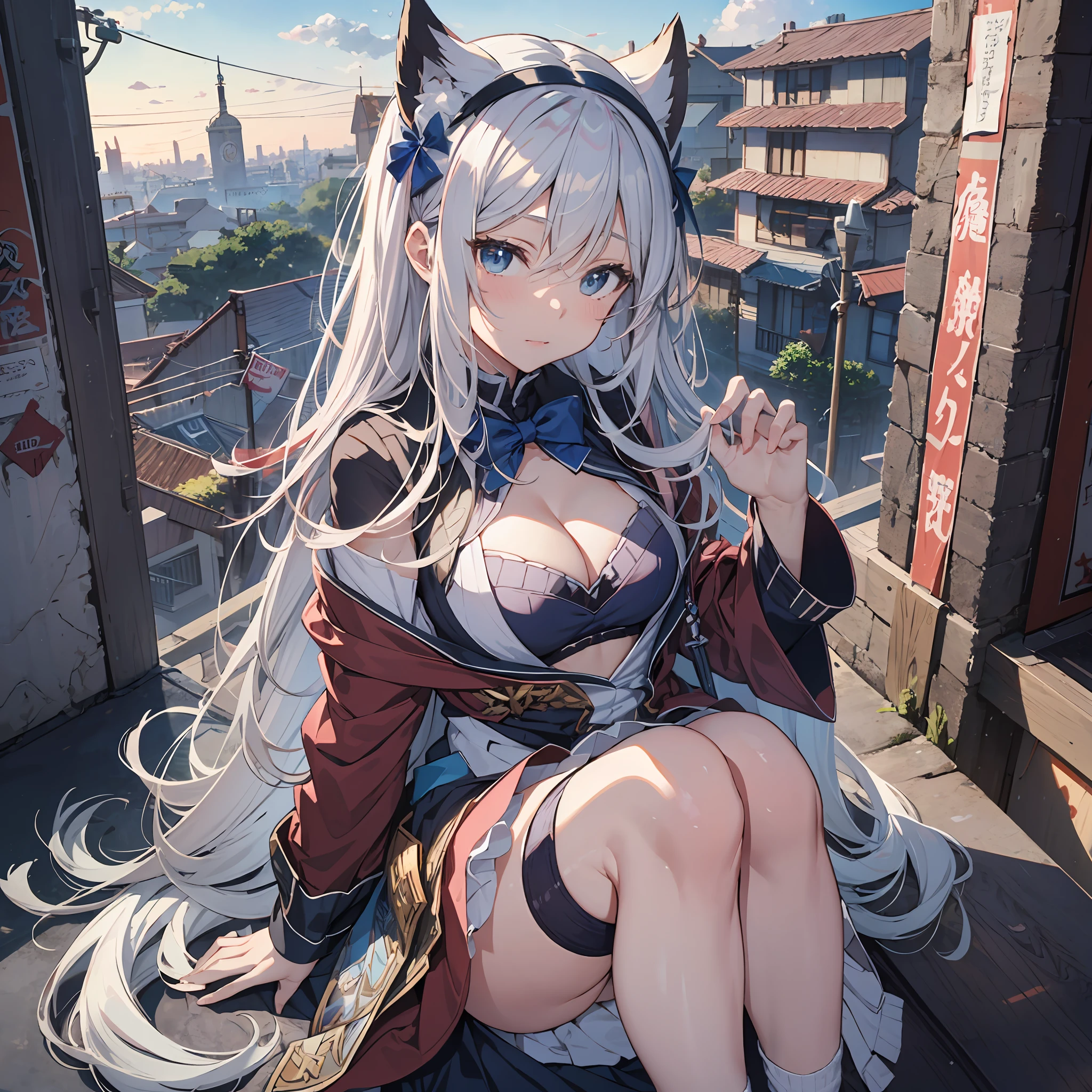 ((Best Quality, 8K, Best Masterpiece)) Anime Characters with Long White Hair and Blue Eyes, Anime Visuals of Young Women, Today's Featured Anime Stills, God of White Hair, Official Art, Cute Girl Anime Visuals, Popular Isekai Anime, Tsuaii, Marisa Drizzle, Anime Movie, TV Anime Still Isekai, Hestia, Albedo of Anime Overlord Transparency high school girl City outside