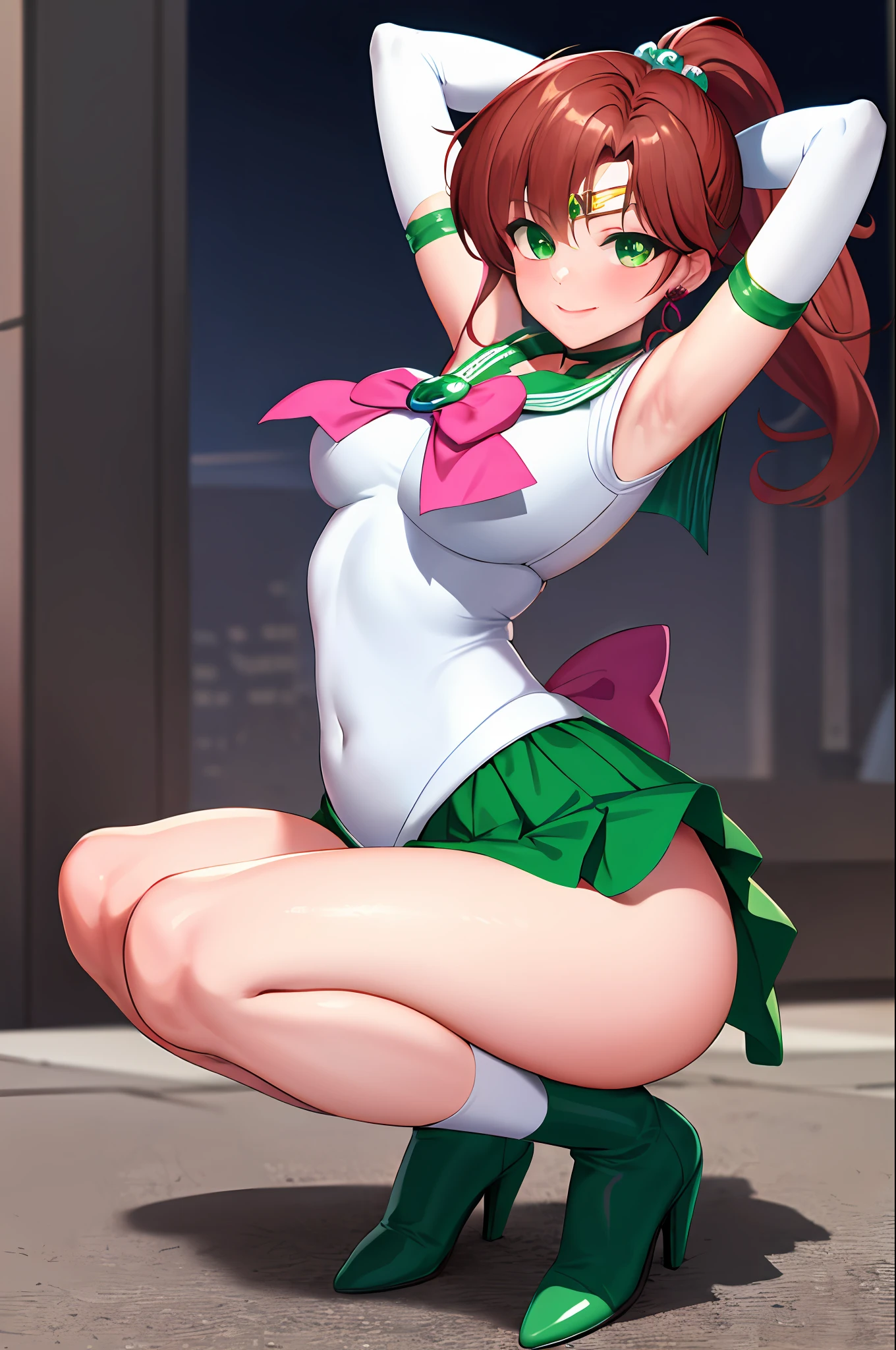 masterpiece, Best quality, Hi-Res, HMJUPITER, Green eyes, Ponytail, Tiara, Jewelry, Sailor Senshi uniform, Green sailor color, Choker, Elbow gloves, White gloves, Pink bow, Brooch, Leotard, Green skirt, Green short boots, Pin heels, Full body, Night, Moon, Smile, Embarrassing, Blushing, Squatting on the ground, Crotch wide open from side to side, arms behind head, armpits, staring at viewer, facing the front of the viewer, wide open crotch to face viewer, frontal shooting, low camera position,
