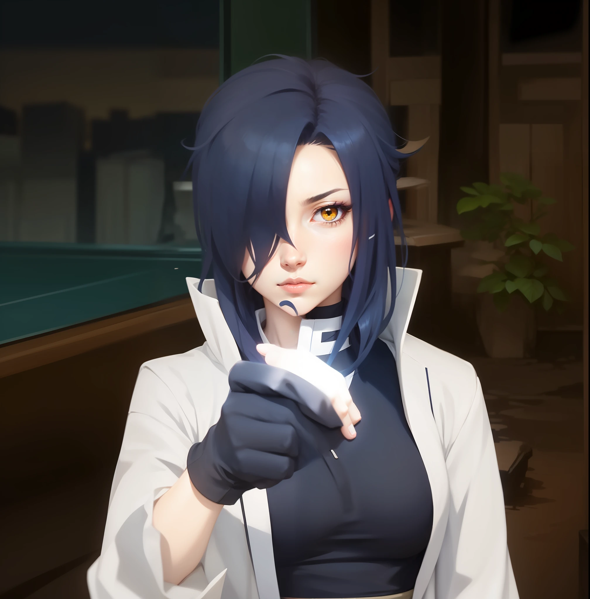 Long navy blue hair with long bangs covering the eye, yellow eyes, big nose, big forehead, stretched face, round chin, medium lips with brown tone, Itachi Uchiha anime style, inspired by Naruto art, white jacket, navy blue ninja outfit. High quality masterpiece. Running