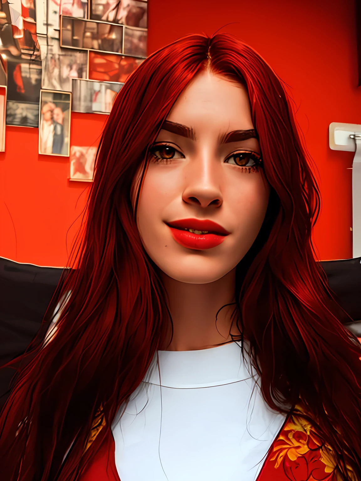 arafed woman with red hair and a white top posing for a picture, red long hair, smooth red skin, 30-year-old woman from cuba, crimson red hair and red eyes, with long red hair, with red hair, long straight red hair, red colored, 18 years old, red hair, long red hair, red head