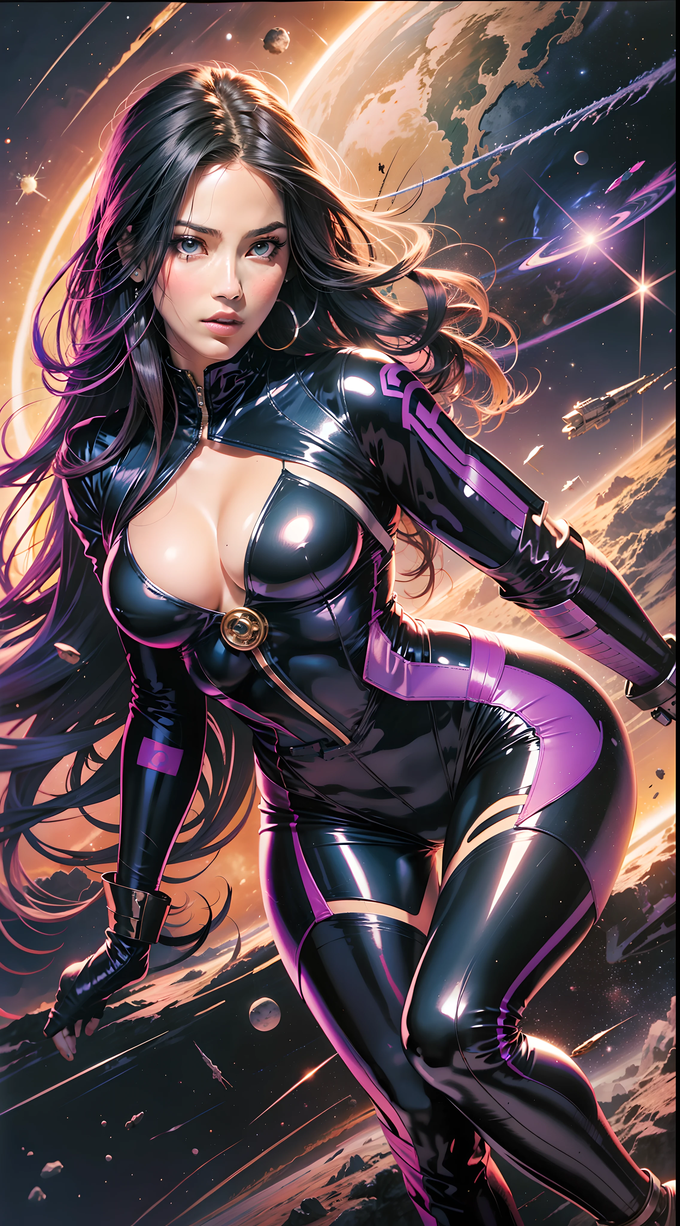 awesome illustration, full body, very sexy beauty psylocke Olivia Munn woman, long black hair, perfect mouth, lips and hair, Aly Fell Style, a deep space atmosphere, space background, realistic, staring at camera, wearing sexy psylocke swimsuit costume