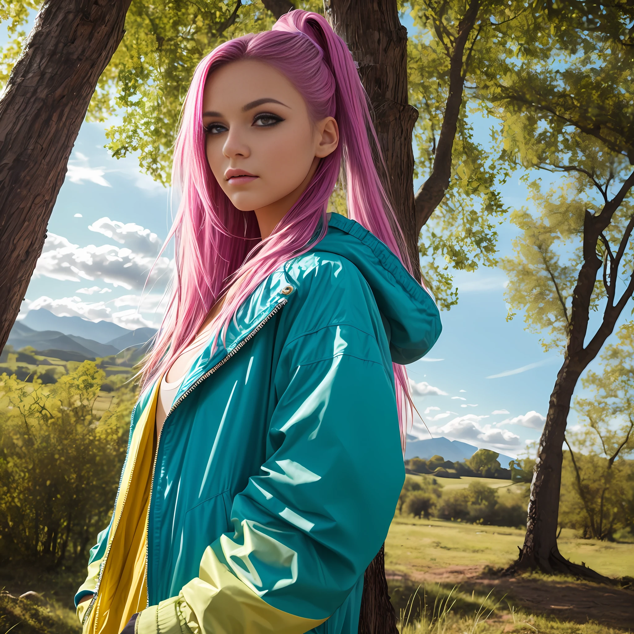 vibrant colors, girl, masterpiece, sharp focus, best quality, cinematlicilghting, detailed clothing, perfect eyes, dynamic pose, yellow eyes, light blue hair, very long hair, outdoors, hands out of frame, colorful inner hair, landscape, trees, clouds, sunlight, medium breasts, messy hair, hair between eyes, jacket, ponytail