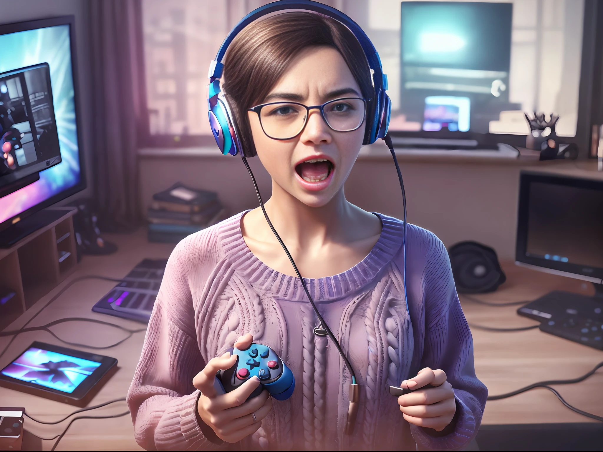 A  beautiful gamer girl with a well groomed bun and glasses, headphones with a microphone, yelling at the screen as she holds a playstation 5 controller, wearing a knitted sweater, angry, messy room, cinematic light, harsh blue light from monitor, dark room, slobs room, micro-details, photorealism, photorealistic,