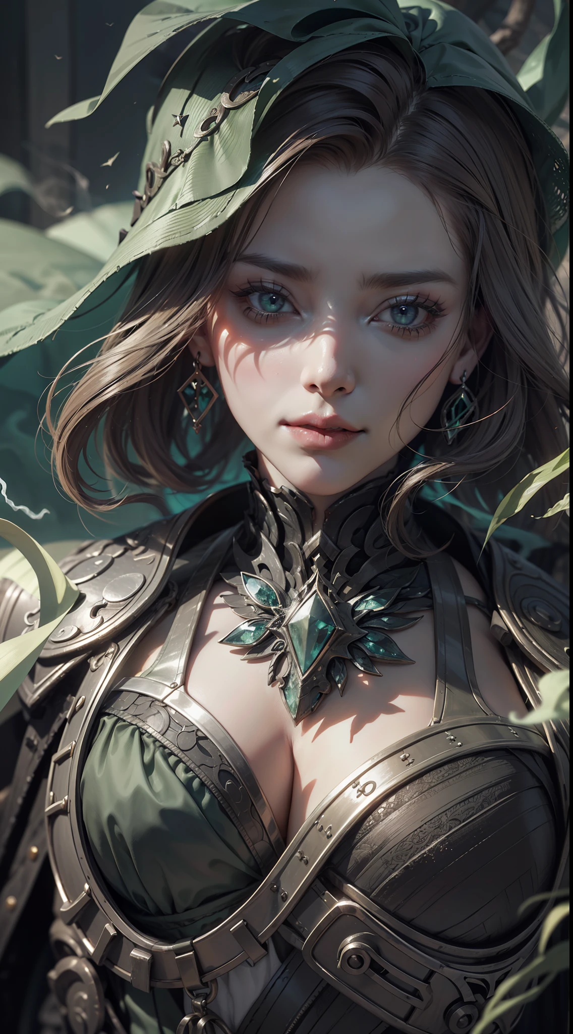 (very detailed 8k wallpaper), terrifying necromancer medium shot, ominous shadows, green smoke, intricate, high detail, dramatic