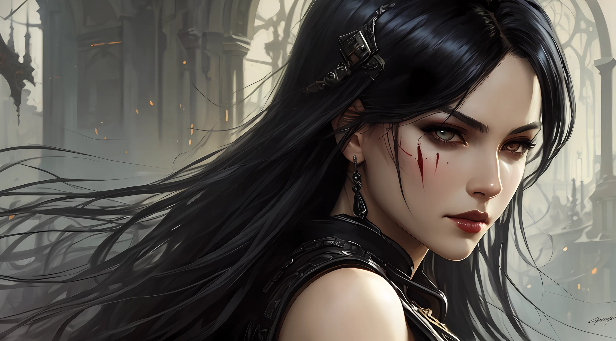 seductive, highly detailed wallpaper of a beautiful woman with black hair wearing a black leather armor, scars, blood, serious, murderer, dark gray eyes, gothic style, intense, dark, dark, very detailed, realistic, by Stanley Artgerm Lau, greg rutkowski, thomas kindkade, alphonse mucha, loish, norman