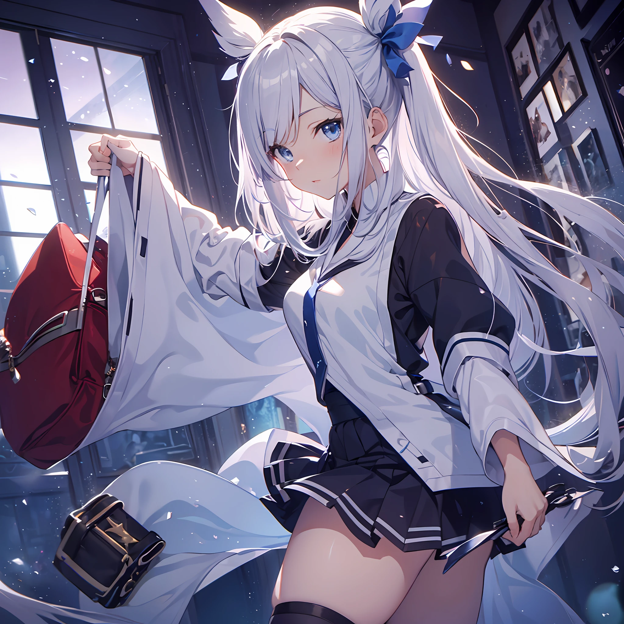 ((Best Quality, 8K, Best Masterpiece)) Anime characters with long gray hair and blue eyes, Anime visuals of young women, Today's featured anime stills, God of White Hair, official art, cute girl anime visuals, Popular isekai anime, Tsuaii, Marisa Kirigami, Anime movies, TV anime still, Isekai, Hestia, Albedo of Anime Overlord Transparency 16 years old Blue small ribbon mini skirt sexy in hair
