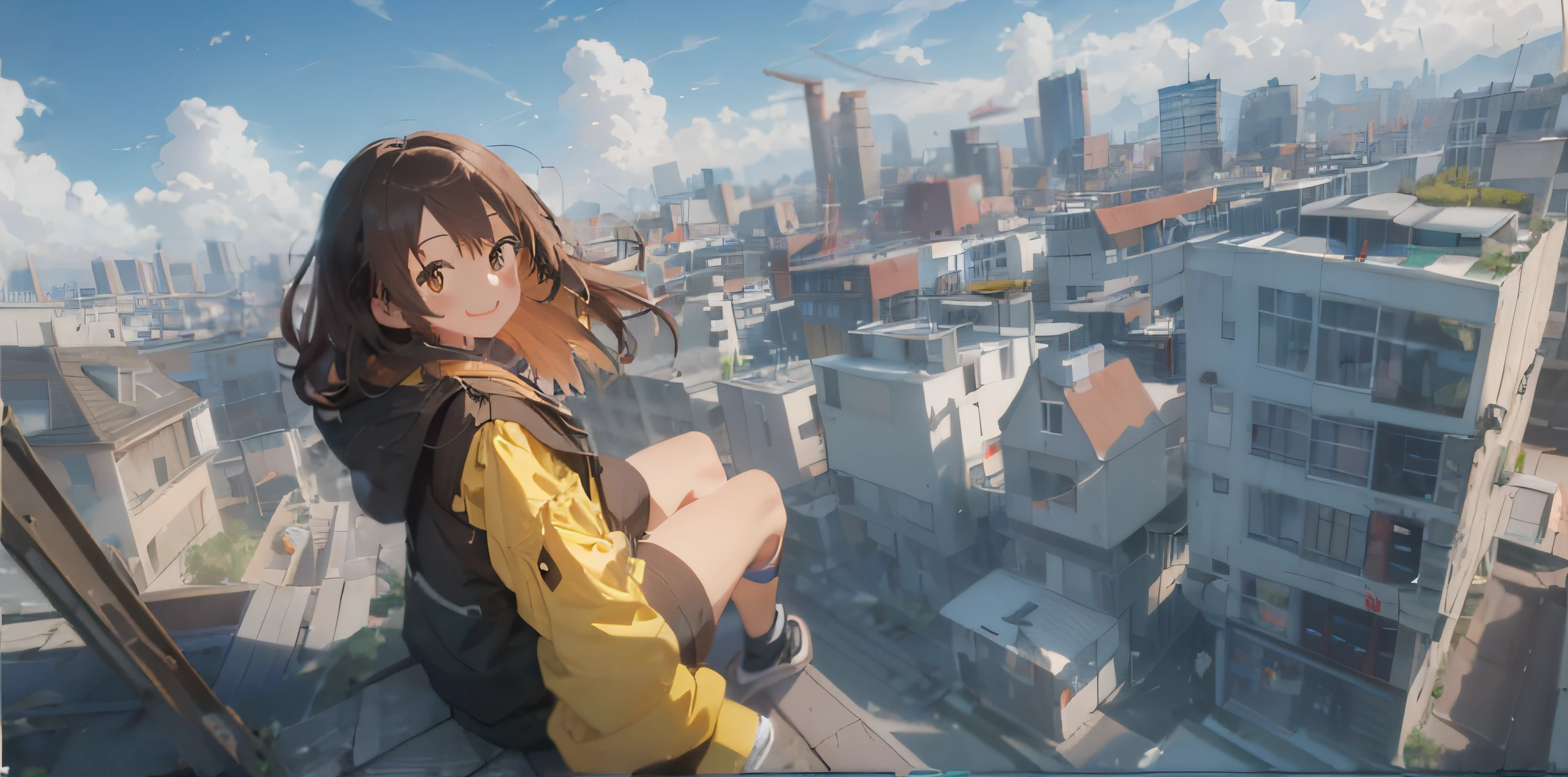 anime girl sitting on ledge looking at city skyline, anime style 4 k, anime style. 8k, girl sitting on a rooftop, 4k anime wallpaper, makoto shinkai style, artwork in the style of guweiz, hd anime cityscape, sits on a rooftop, octane render. by makoto shinkai, anime wallpaper 4 k, anime wallpaper 4k