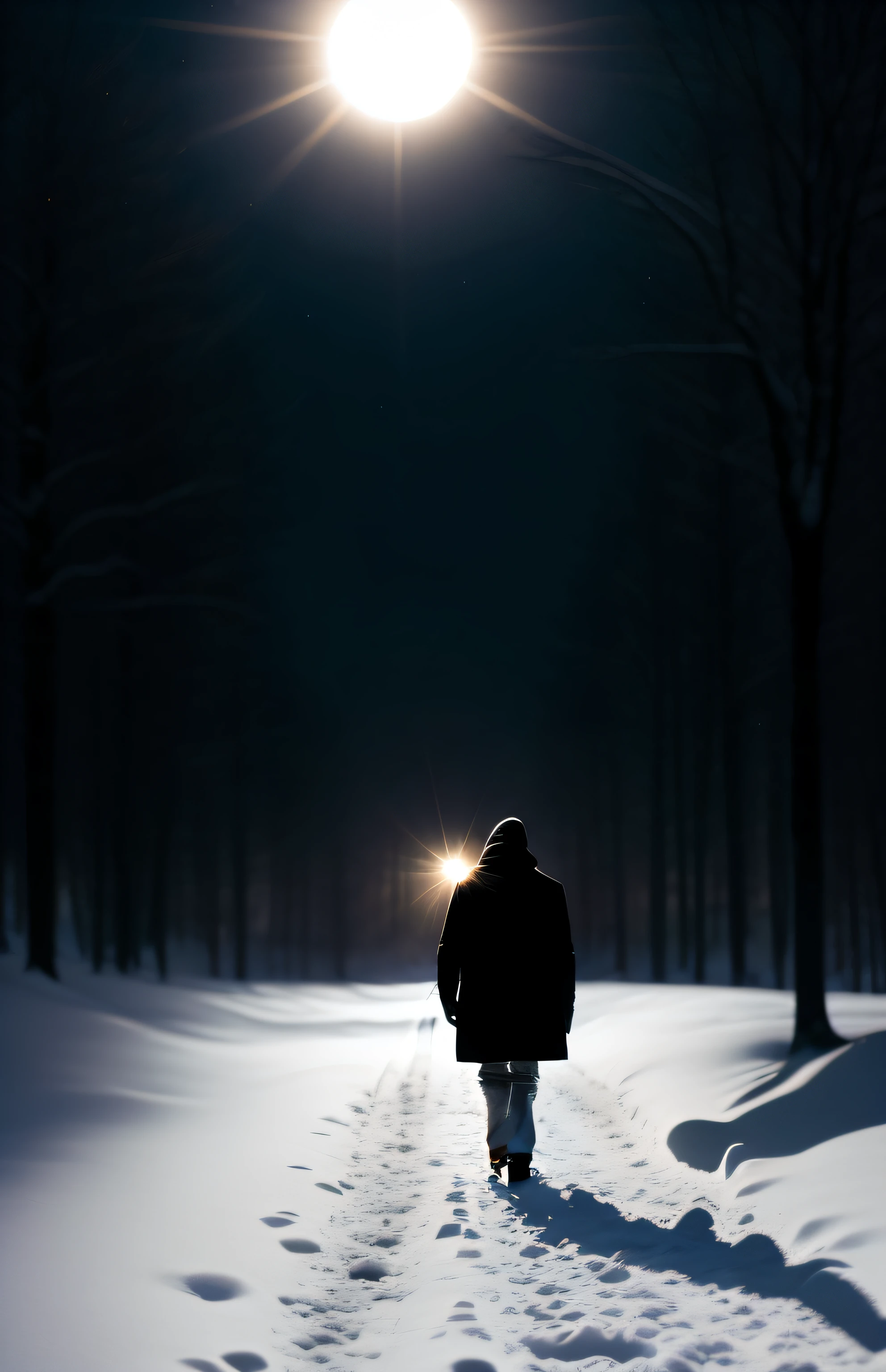 Man walking in the snow towards a giant, shining sun