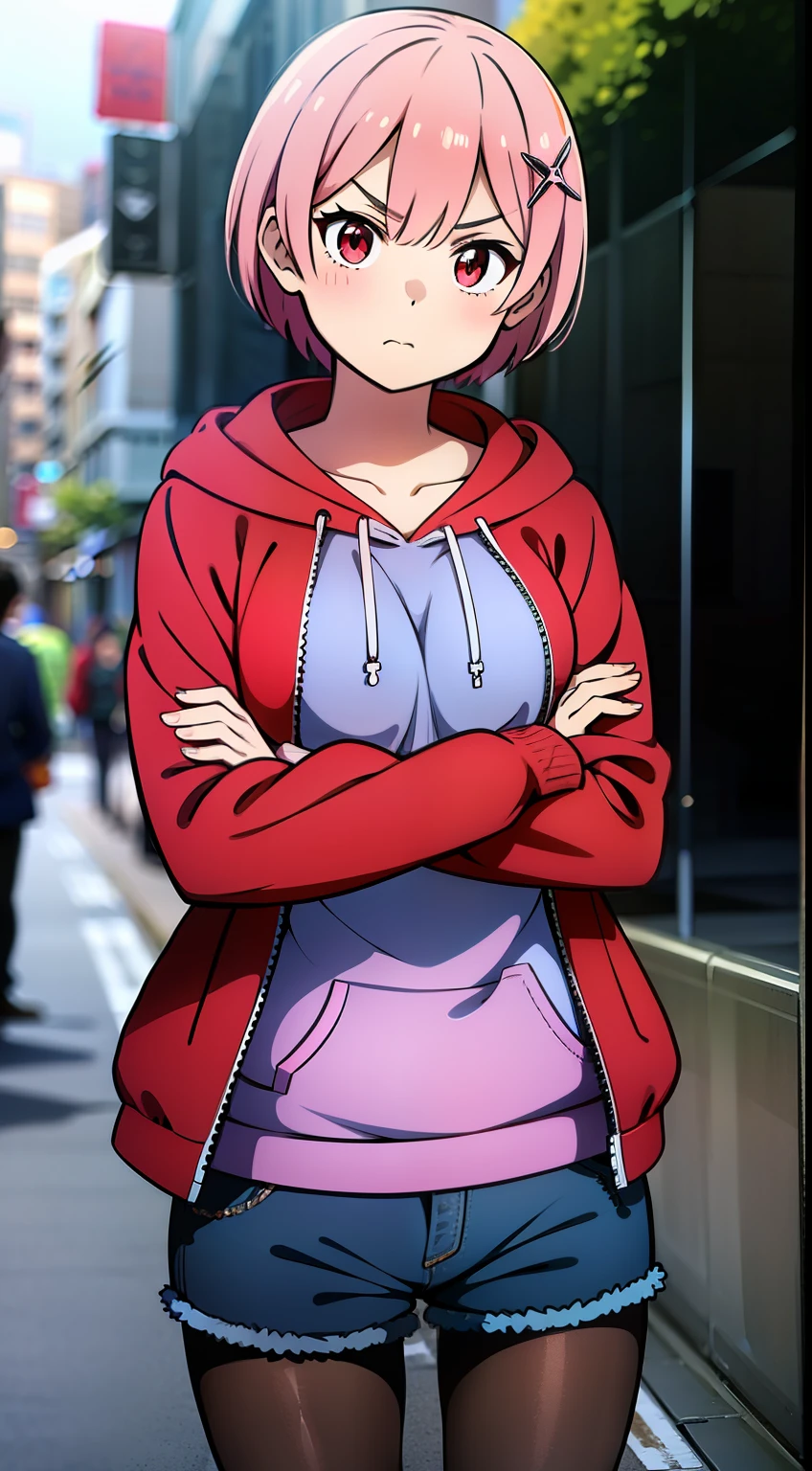 masterpiece, rem rezero, pink hair, red eyes, detailed eyes, serious face, red jacket hoodie, blue shirt, dark shorts, pantyhose, casual oufit, crossed arms, standing in the middle of the street, legs apart, looking at the viewer,