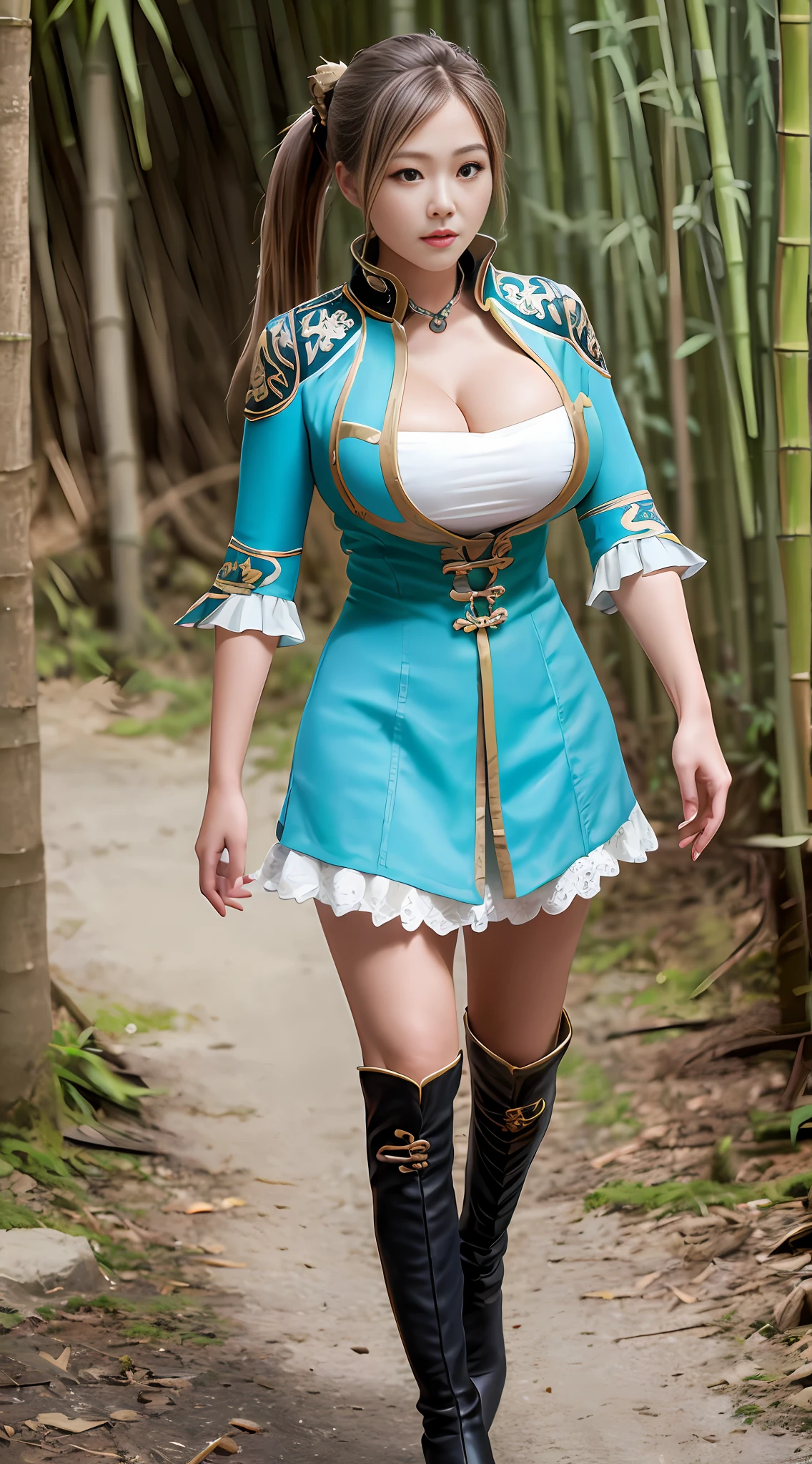 best quality, (masterpiece:1.2), illustration, absurdres,
(1girl, solo), (beautiful detailed girl),
Wang Yuanji, blonde hair, ponytail, brown eyes, (photorealism:1.2), photorealistic, ultrarealistic uhd face, (huge breasts:1.4), (gigantic breasts:1.1) nipple slip, (slim abs), (wide hips), (thick thighs), slim waist, hourglass figure, voluptuous,
aqua dress, ornate dress, cleavage, aqua skirt, black thigh boots, thighhigh boots, high heels,
looking at viewer, calm, relaxed,
in bamboo forest, chinese architecture, stream,
((standing on one leg)), (upper body, portrait),
