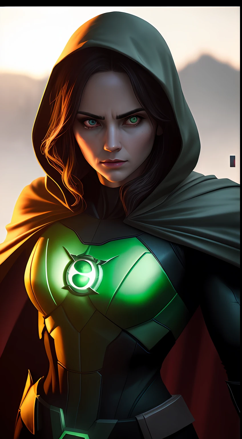 (dark shot: 1.1), epic realistic, Woman dressed as Green Lantern in the dark with glowing eyes and glowing cape, soft cinematic light, Adobe Lightroom, darkroom, HDR, intricate, highly detailed, (depth of field: 1.4), hyper-detail (artstation: 1.4), cinematic, warm light, dramatic light (complex details: 1.1)