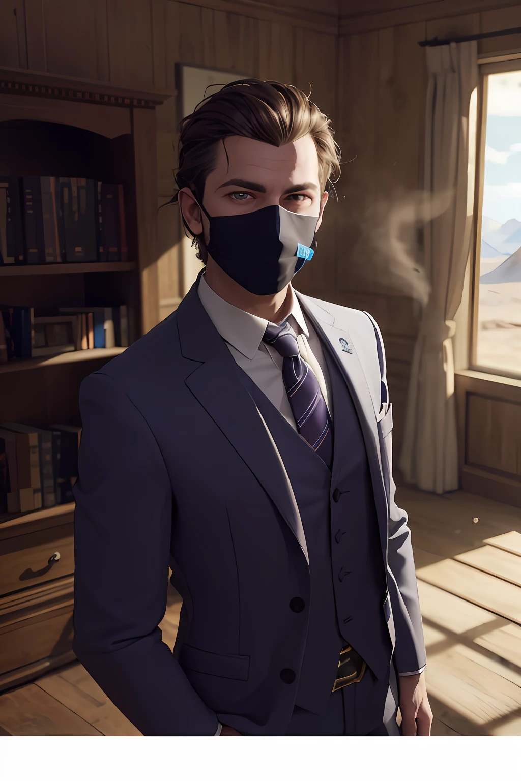 Found footage of 90s VHS, DVD scan lines, film grain, film noise, realistic, volumetric lighting, dust, clutter and clutter, soft lighting, foggy, man standing in the desert, dark hair, portrait of the character Volkan Bug, winner of the cgsociety contest, photorealism, daz3d, rendered in Unreal Engine, rendered in Maya, (purple three-piece suit: 1.4), (masquerade mask),