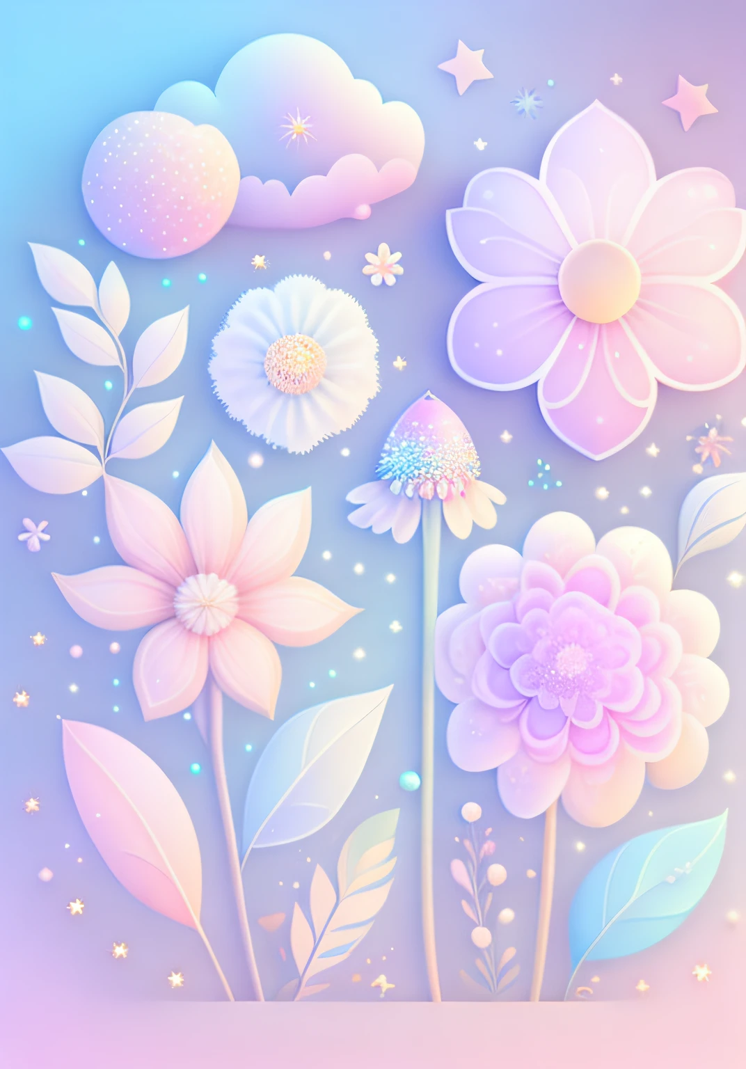 "Various flowers, cartoon illustration, sky in a gradient of pastel colors with twinkling stars. Immerse yourself in a mystical world full of magical elements (weighted at 0.9)."