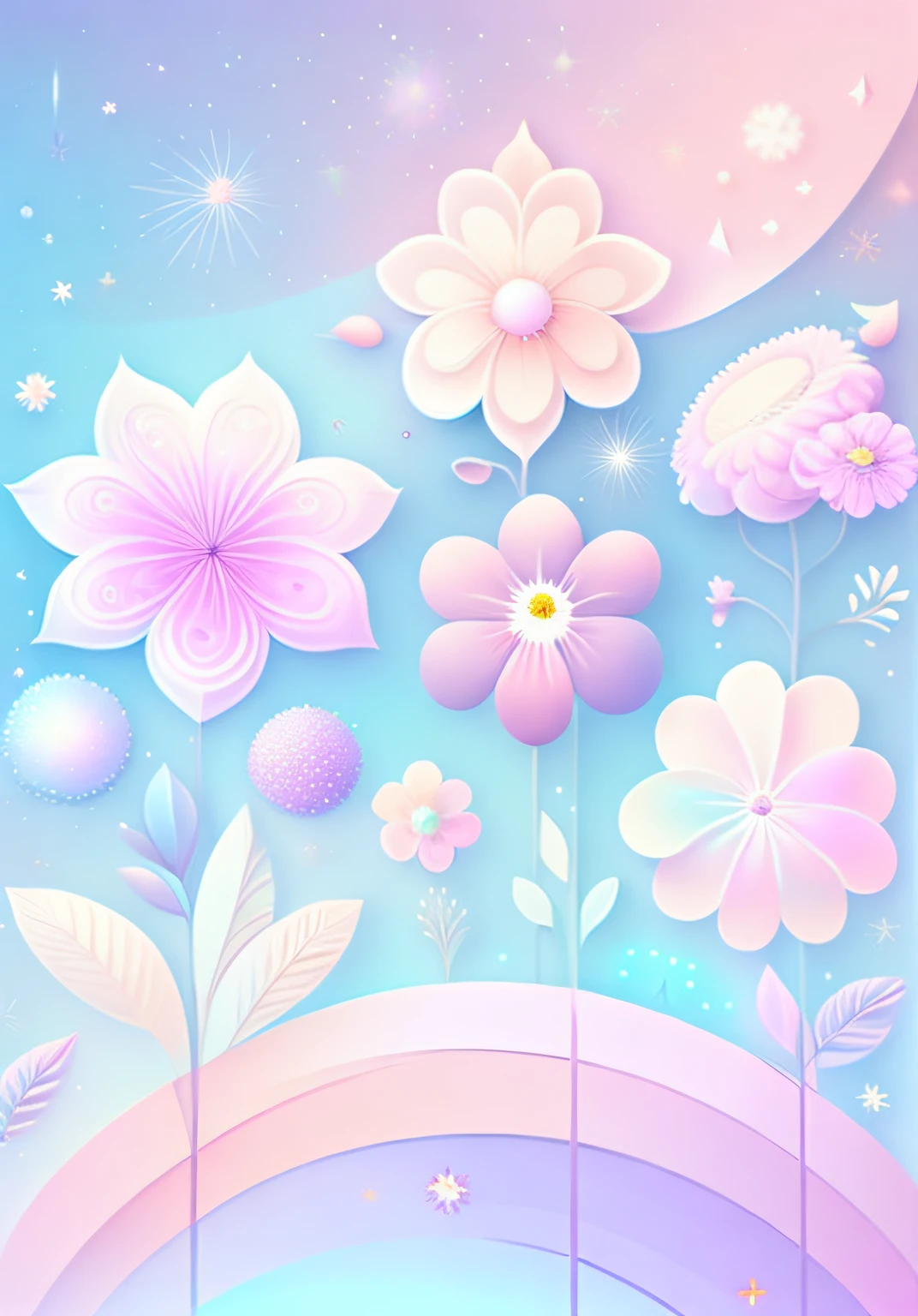 "Various flowers, cartoon illustration, sky in a gradient of pastel colors with twinkling stars. Immerse yourself in a mystical world full of magical elements (weighted at 0.9)."