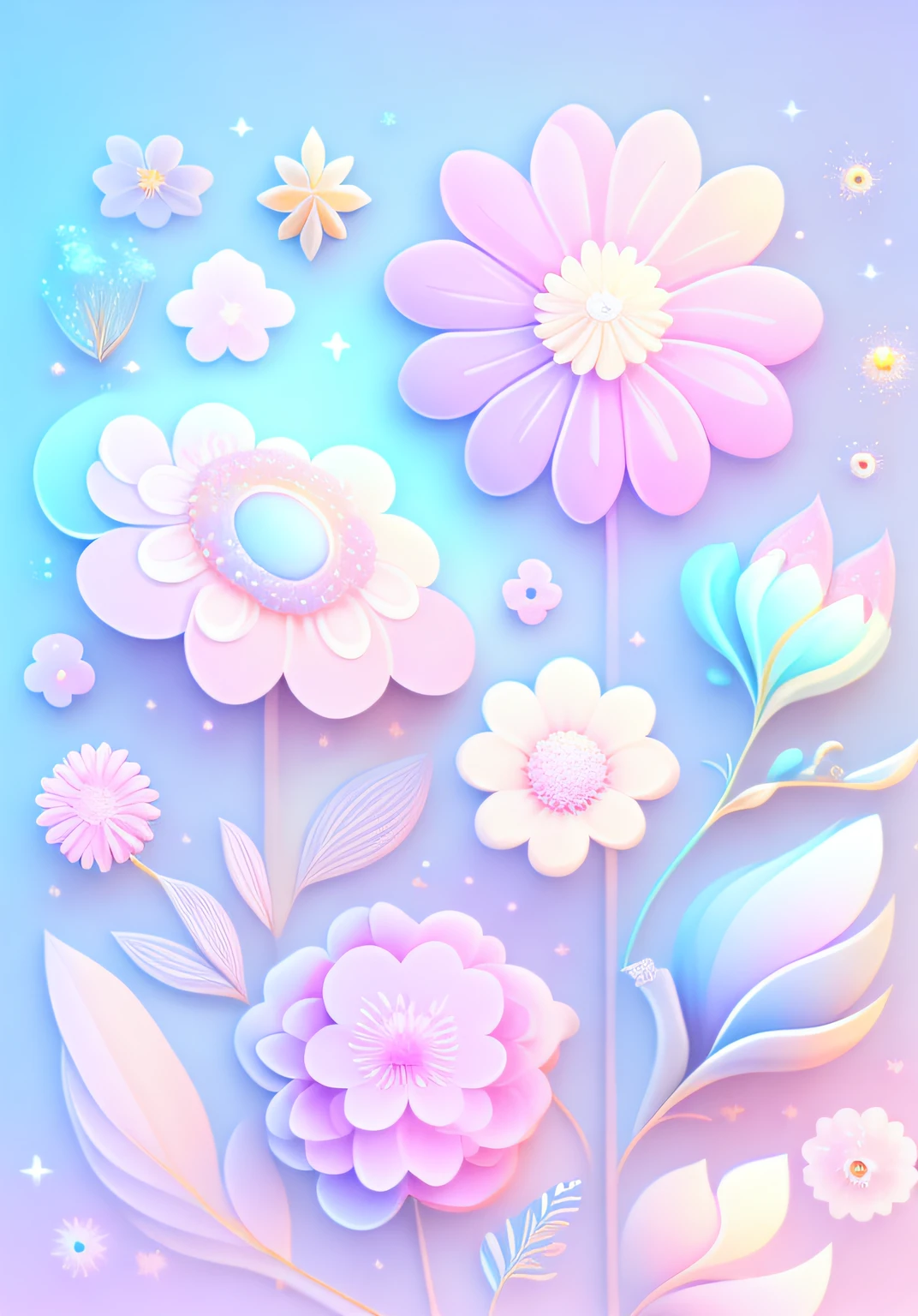 "Various flowers, cartoon illustration, sky in a gradient of pastel colors with twinkling stars. Immerse yourself in a mystical world full of magical elements (weighted at 0.9)."