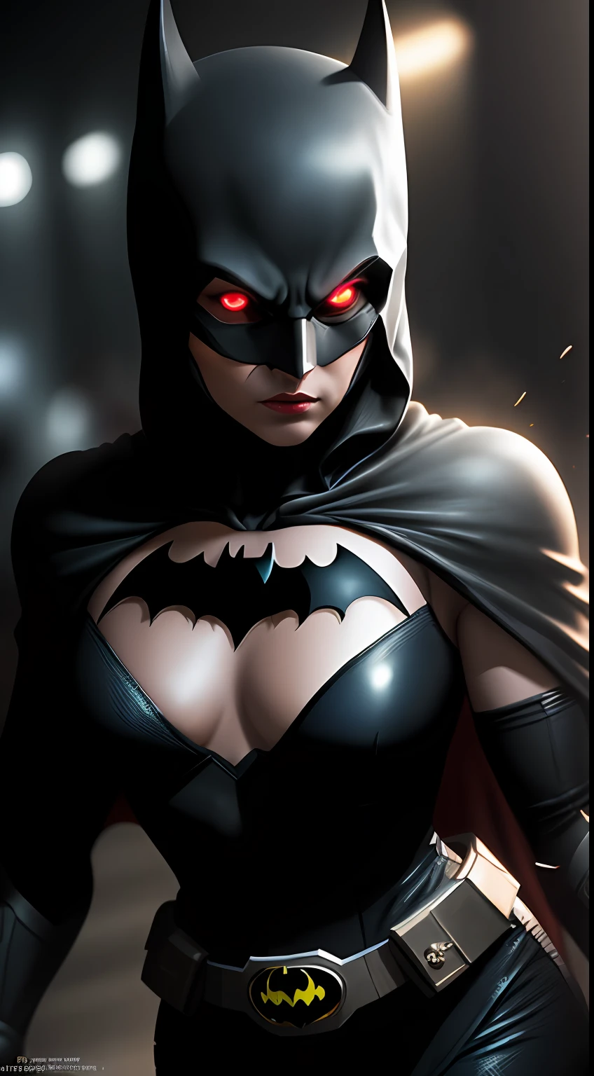 (dark shot: 1.1), epic realistic, Sexy Woman dressed as Batman in the dark with glowing eyes and glowing cape, soft cinematic light, Adobe Lightroom, darkroom, HDR, intricate, highly detailed, (depth of field: 1.4), hyper-detail (artstation: 1.4), cinematic, warm light, dramatic light (complex details: 1.1)