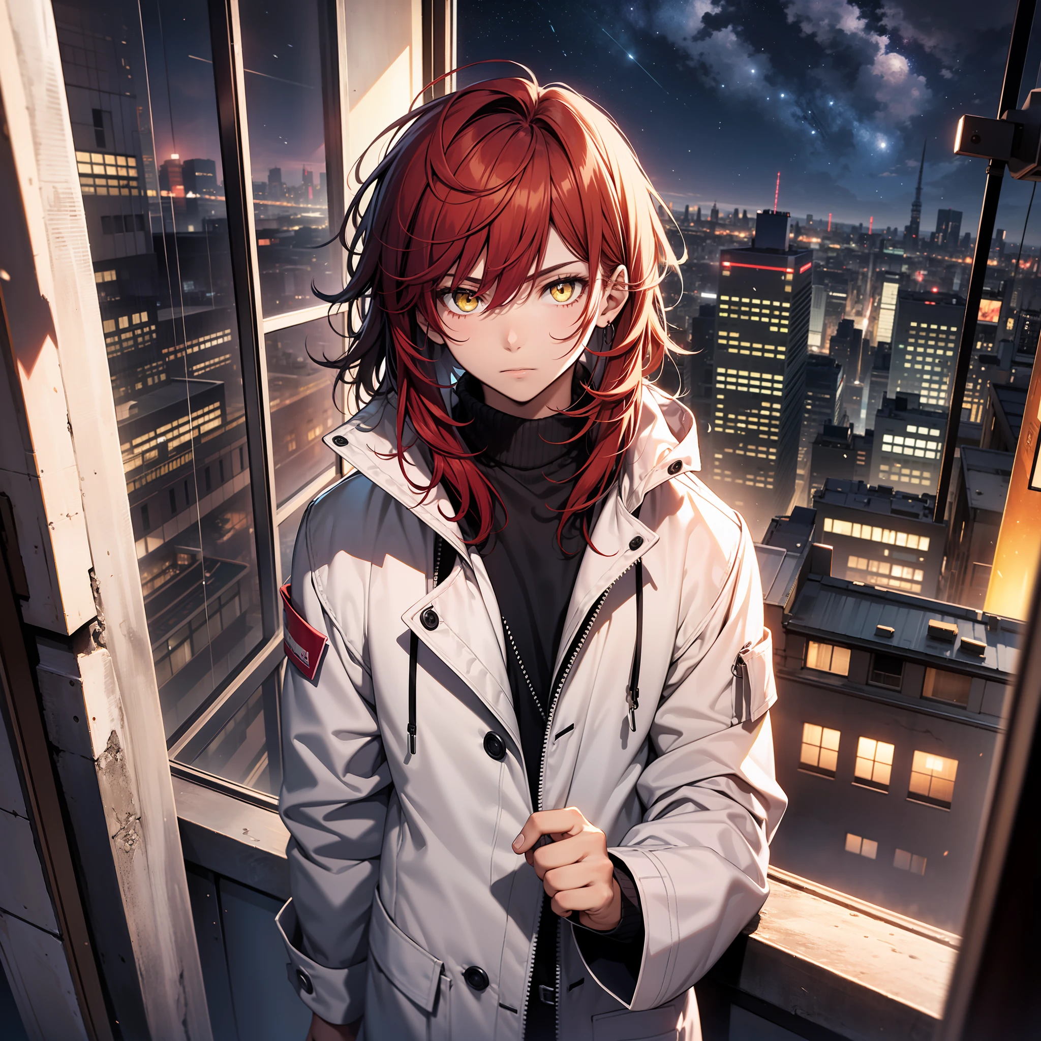 Boy, , medium hair, red hair, straight hair, yellow eyes, white coat, on top of a tower, night, looking at the window, looking at the viewer 4k, good anathomy, detailed face