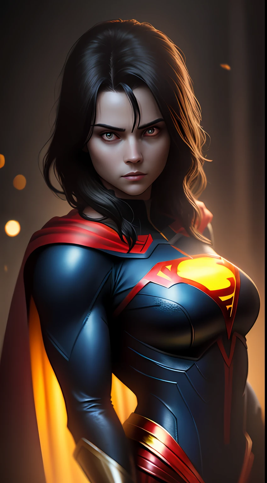 (dark shot: 1.1), epic realistic, Sexy Woman dressed as Superman in the dark with glowing eyes and glowing cape, soft cinematic light, Adobe Lightroom, darkroom, HDR, intricate, highly detailed, (depth of field: 1.4), hyper-detail (artstation: 1.4), cinematic, warm light, dramatic light (complex details: 1.1)