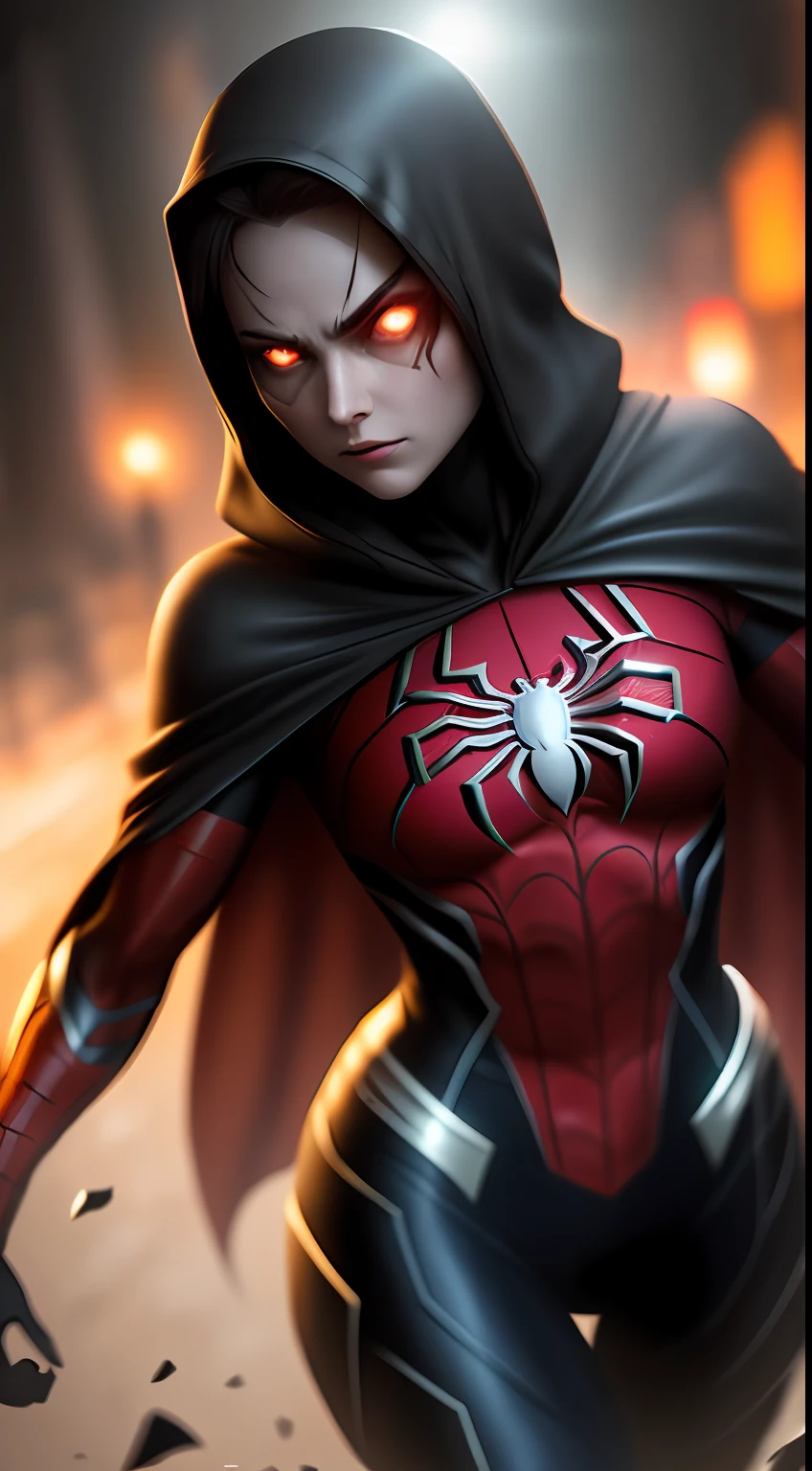 (dark shot: 1.1), epic realistic, Sexy Spider-Woman in the dark with glowing eyes and glowing cape, soft cinematic light, Adobe Lightroom, darkroom, HDR, intricate, highly detailed, (depth of field: 1.4), hyper-detail (artstation: 1.4), cinematic, warm light, dramatic light (complex details: 1.1)