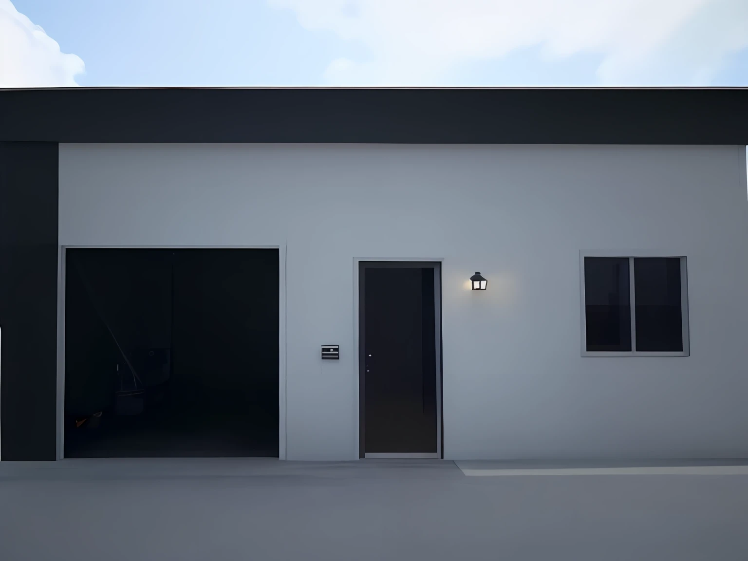there is a picture of a white building with a black door, in style of simplified realism, inspired by Julio Larraz, rendered, location ( favela _ wall ), complete house, digital painted, a digital painting, rendered image, one house, frontal picture, in front of a garage, minimalistic painting, 2 d render, in a style of hyperrealism