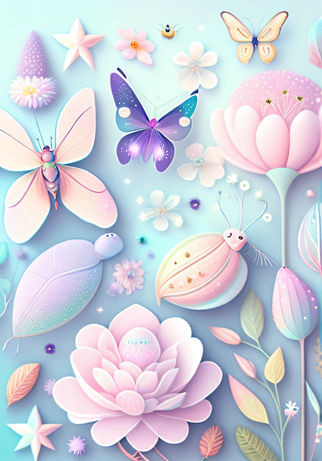 "Various beautiful insects in flowers, cartoon illustration, sky in a gradient of pastel colors with twinkling stars. Immerse yourself in a mystical world full of magical elements (weighted at 0.9).