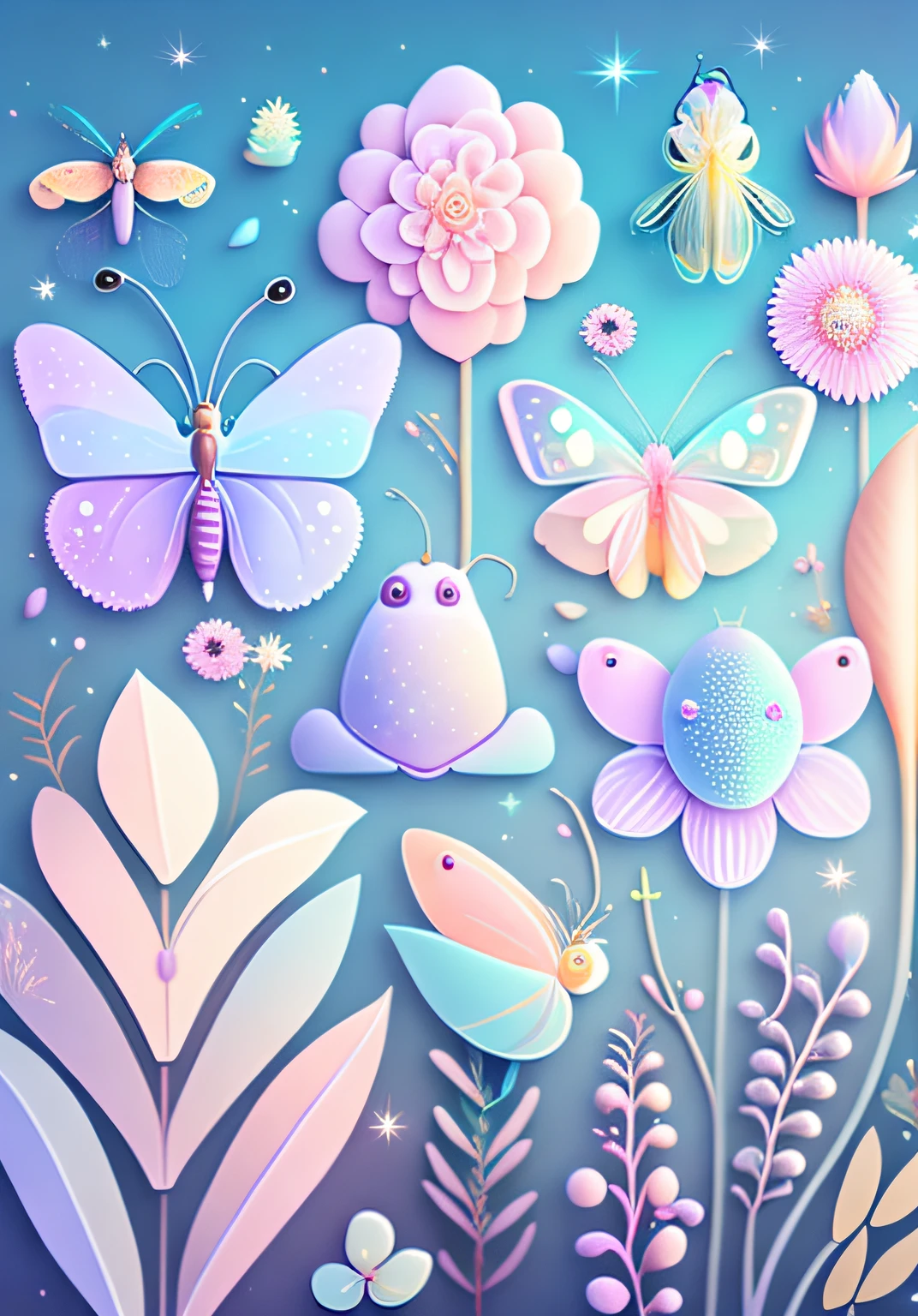 "Various beautiful insects in flowers, cartoon illustration, sky in a gradient of pastel colors with twinkling stars. Immerse yourself in a mystical world full of magical elements (weighted at 0.9).