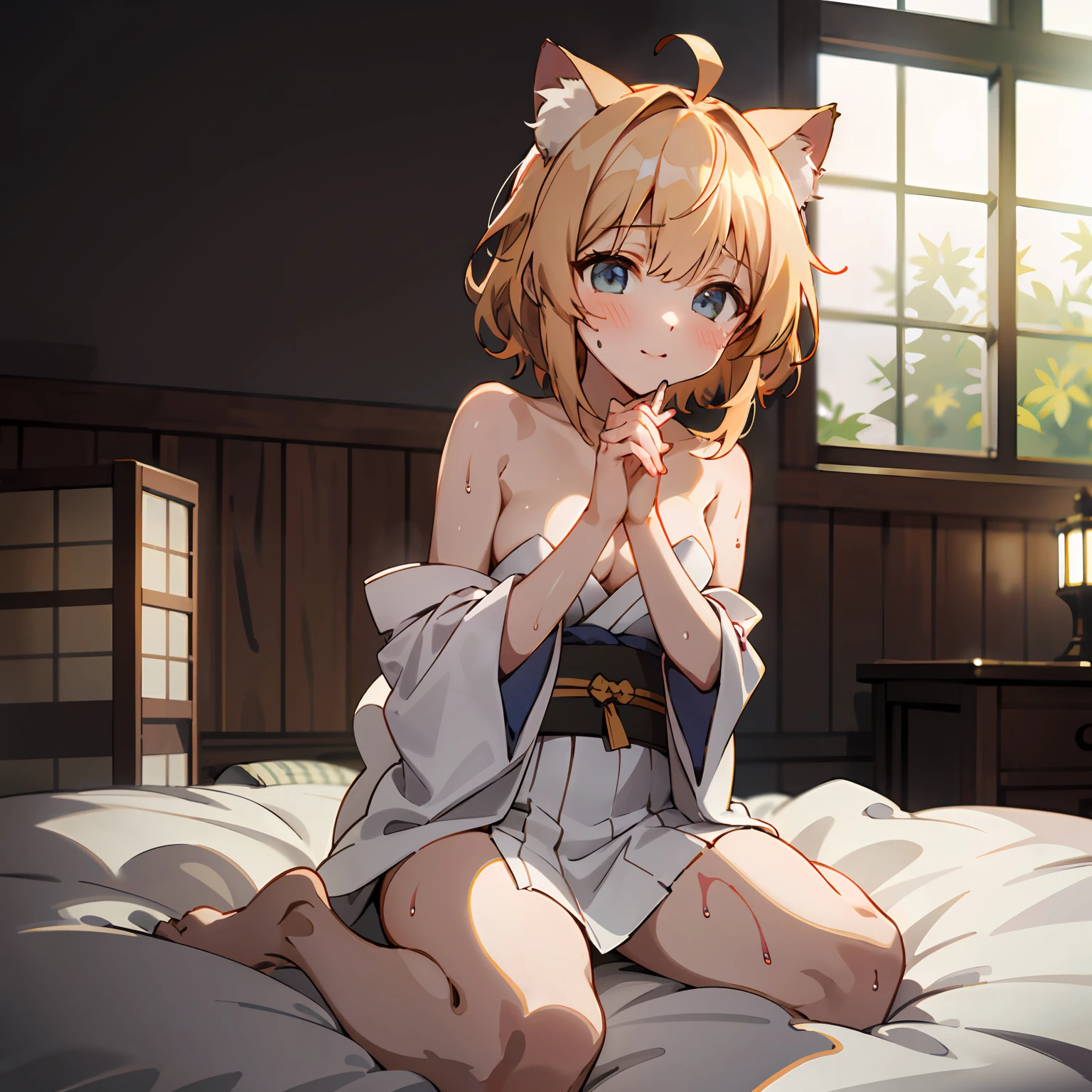 (Super detailed, high resolution, Kyoto animation style anime illustrations, highest quality official art featured: 1.6), beautiful face, eyes, highly detailed body, very detailed hair, lovely hands, perfect hands, beautiful hands, (1 girl: 1.4), (Chibi: 0.8), (cute: 1.2), (cute: 1.2), (1 : 1.1), cat ears, (seduction: 1.2), elegance, (blush: 0.7), floating hair, ahoge, dramatic angle, (Teenage girl undressed in yukata: 1.2), July 7, (Dark Japanese-style room, dark walls: 1.3), Futon, Japanese-style bed, July 7, Early summer night, Hot night, Unfasten belt, take off obi, Wariza, sit on futon, AM 2:00, (embarrassing: 1.3), at night, wet skin, taking off breasts, naked hide with hands,