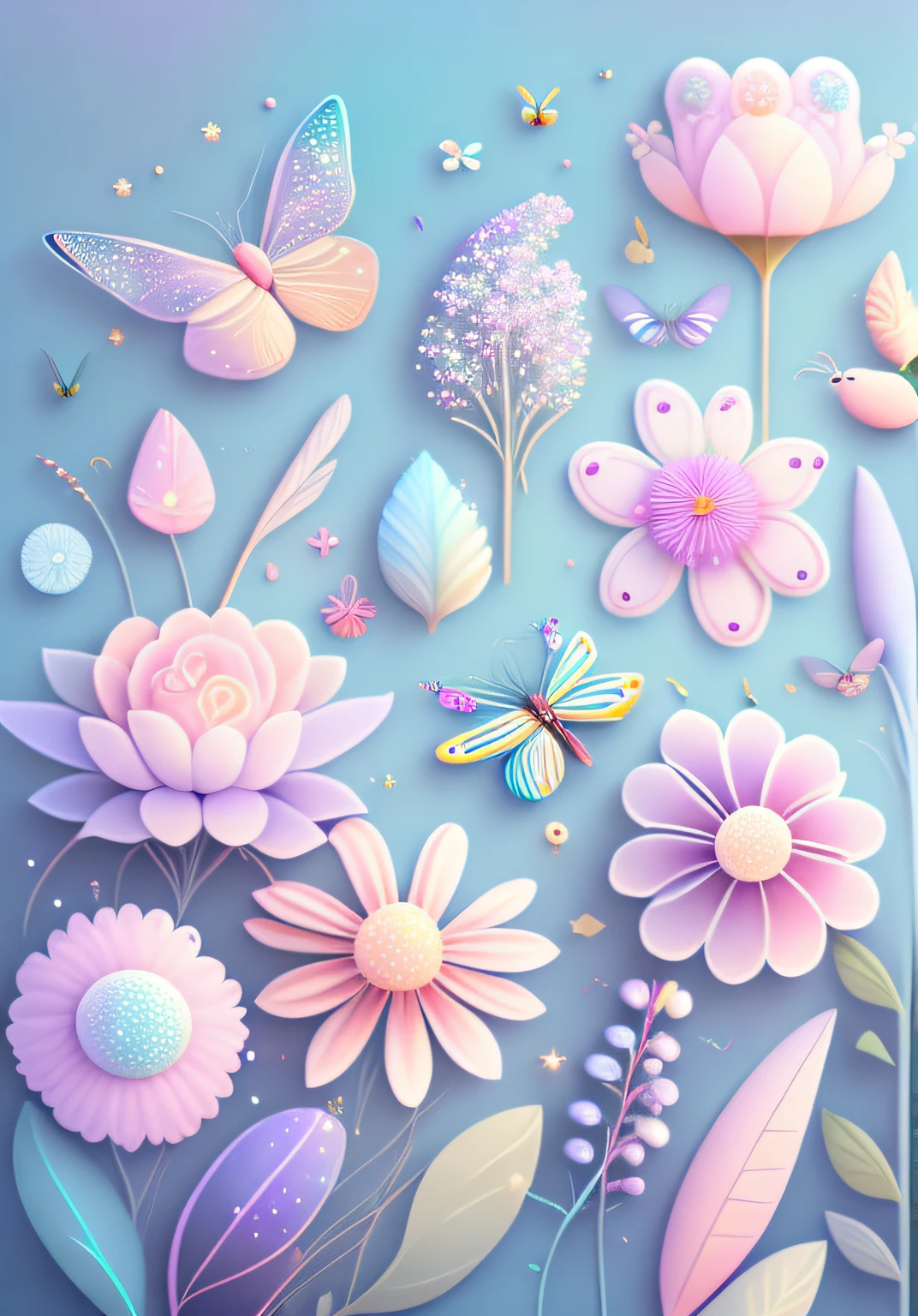 "Various beautiful insects in flowers, cartoon illustration, sky in a gradient of pastel colors with twinkling stars. Immerse yourself in a mystical world full of magical elements (weighted at 0.9).