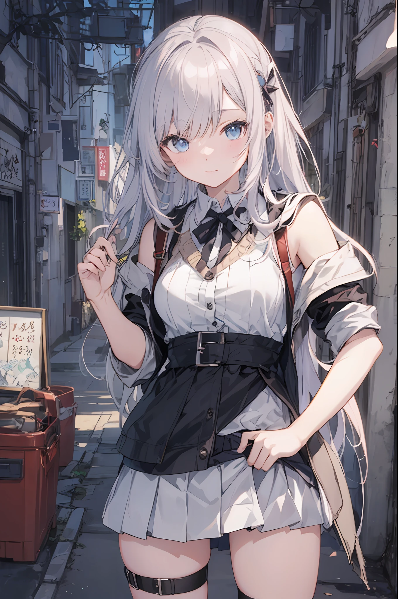 ((Best Quality, 8K, Best Masterpiece)) Anime characters with long gray hair and blue eyes, Anime visuals of young women, Today's featured anime stills, God of White Hair, official art, cute girl anime visuals, Popular isekai anime, Tsuaii, Marisa Kirigami, Anime movies, TV anime still, Isekai, Hestia, Albedo of Anime Overlord Transparency 16 years old　Blue small ribbon mini skirt sexy in hair