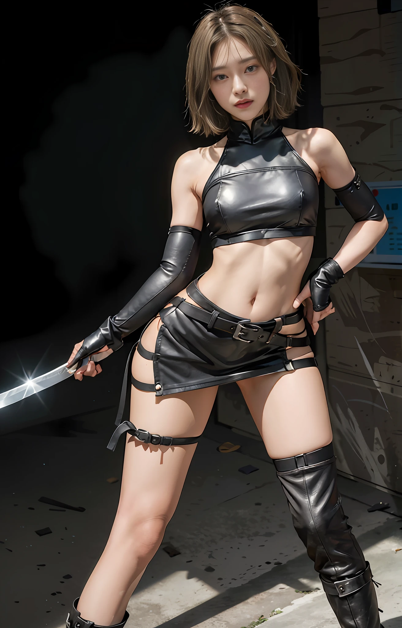Official art, extremely detailed CG Unity 8k wallpaper, best quality, masterpiece, high resolution, pretty girl ninja, short hair, black cropped top leather armor, brown belt, scabbard on thigh, Japanese sword, leather gloves, black mini leather skirt, black over-the-knee flat boots, tight leather, full body photo, melon face, small face, fell to the ground, skirt leaking, open legs, no panties, blood, bloody scar on the stomach,