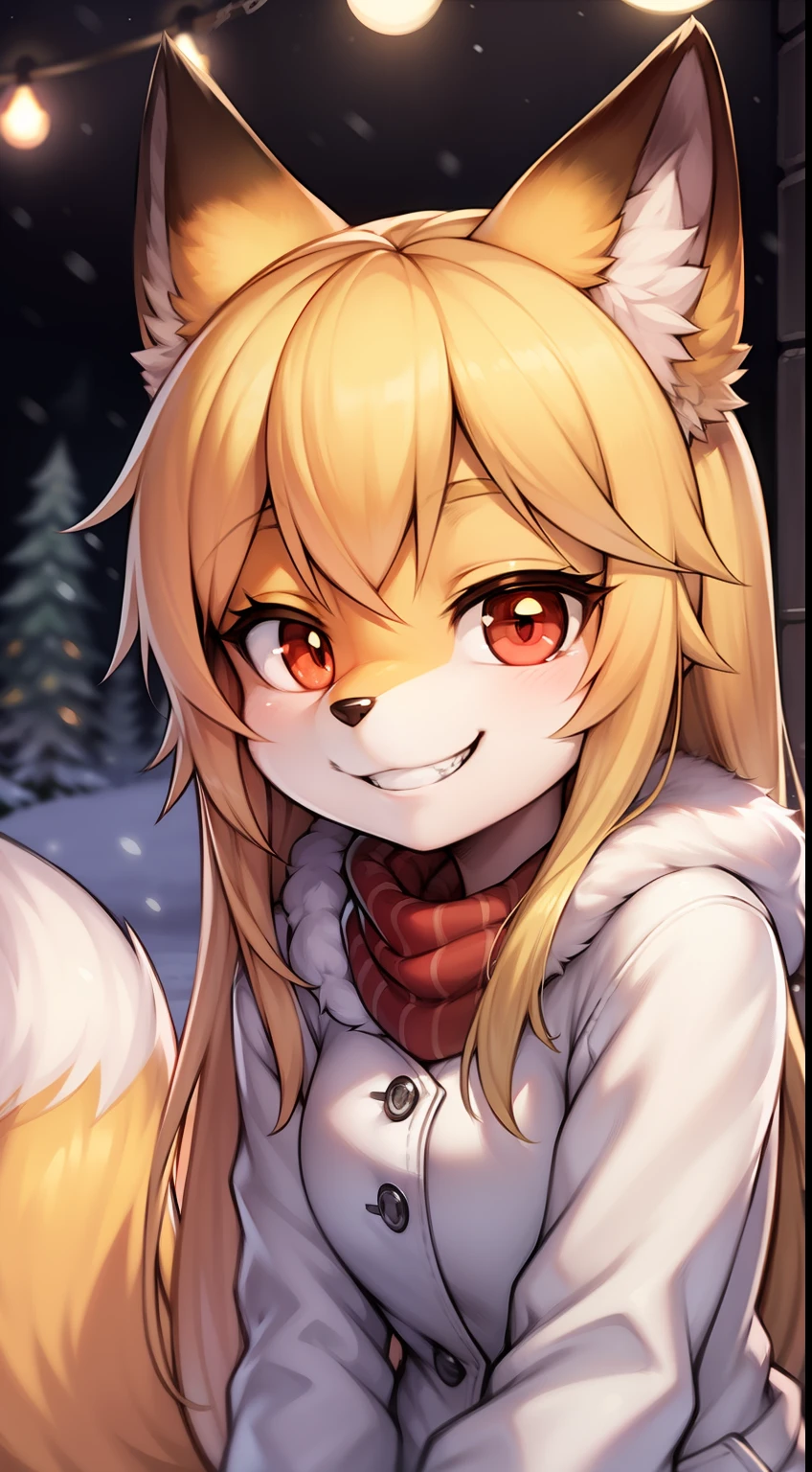 Fox girl, furry, furry, golden fur, golden face fur, long blonde hair, eyes with light, red eyes, super cute face, brown elements on fur, white coat, beautiful lights and shadows, ambient light, super fine fur, volumetric light, night, natural lighting, smile, fluffy tail, color contact lenses, Christmas background, snow, bright pupils, grin