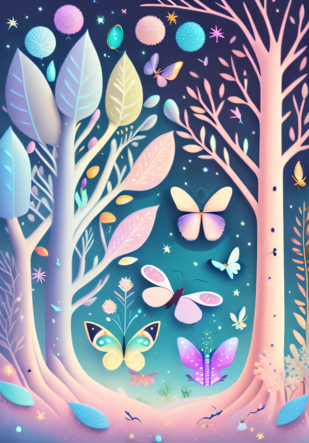 Various beautiful insects in trees, cartoon illustration, sky in a gradient of pastel colors with twinkling stars. Immerse yourself in a mystical world full of magical elements (weighted at 0.9).