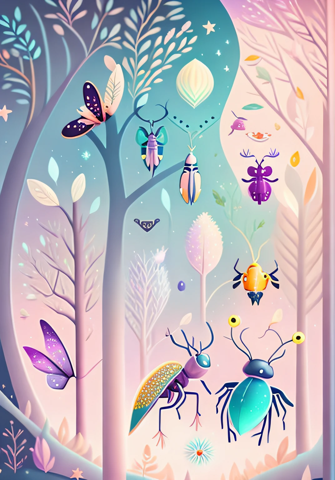 Various beautiful insects in trees, cartoon illustration, sky in a gradient of pastel colors with twinkling stars. Immerse yourself in a mystical world full of magical elements (weighted at 0.9).