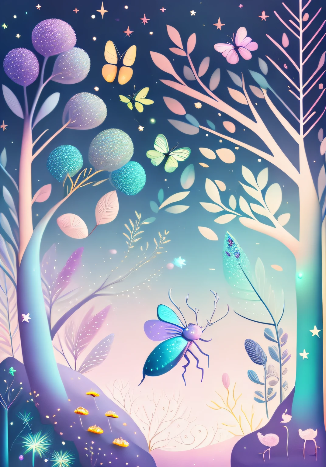 Various beautiful insects in trees, cartoon illustration, sky in a gradient of pastel colors with twinkling stars. Immerse yourself in a mystical world full of magical elements (weighted at 0.9).