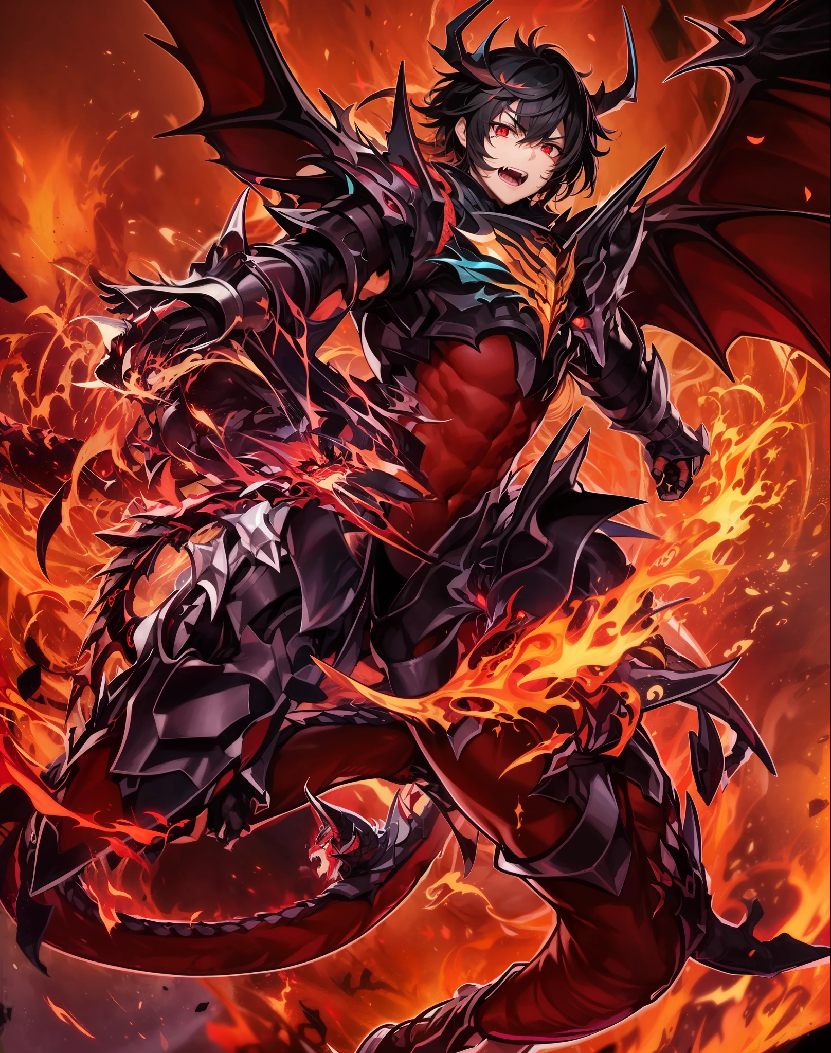 A man, short black hair, revealing his forehead, pointy eyebrows, red eyes, aggressive expression on his face, maniac expression, two dark red dragon horns on his head, shirtless, with lots of dark red tattoos, big gauntlets resembling the arms of a dragon, dark red gauntlets, detailed gauntlets, pointy edgy gauntlets, with 2 dark red dragon wings coming out of his lower back, action pose, in the middle of a fight, full body picture, flames surrounding him, flaming background, 8k, best quality