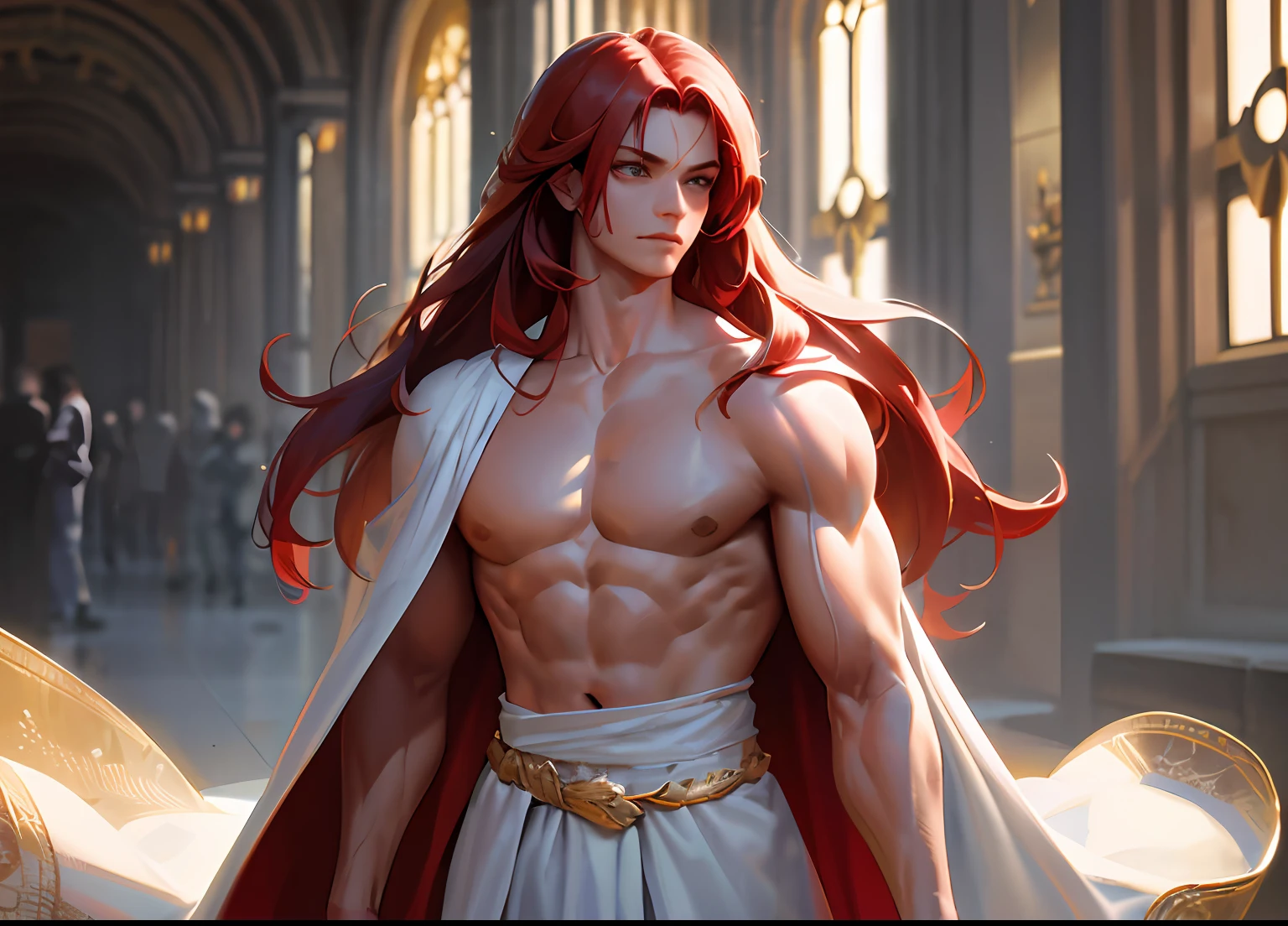 A swarthy, muscular man with long red hair, ears and a fox's tail