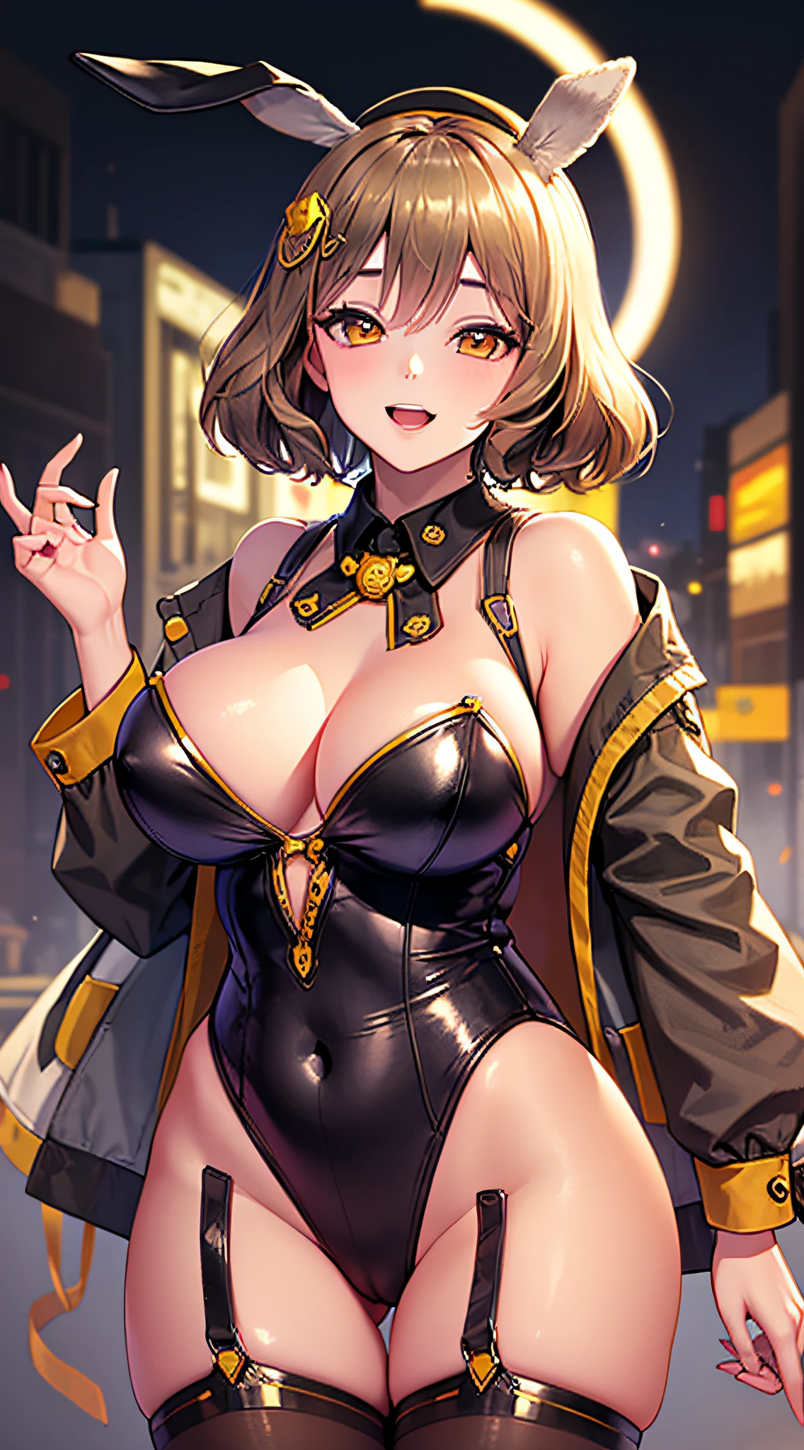 best quality, ultra-detailed,,1girl, solo,  nikkeanis, cross-eyed,  short_hair, open_mouth, large_breasts, brown_hair, hair_ornament, , brown_eyes,yellow_eyes, beret,  cowboy shot, (rabbit ears, playboy bunny:1.2),