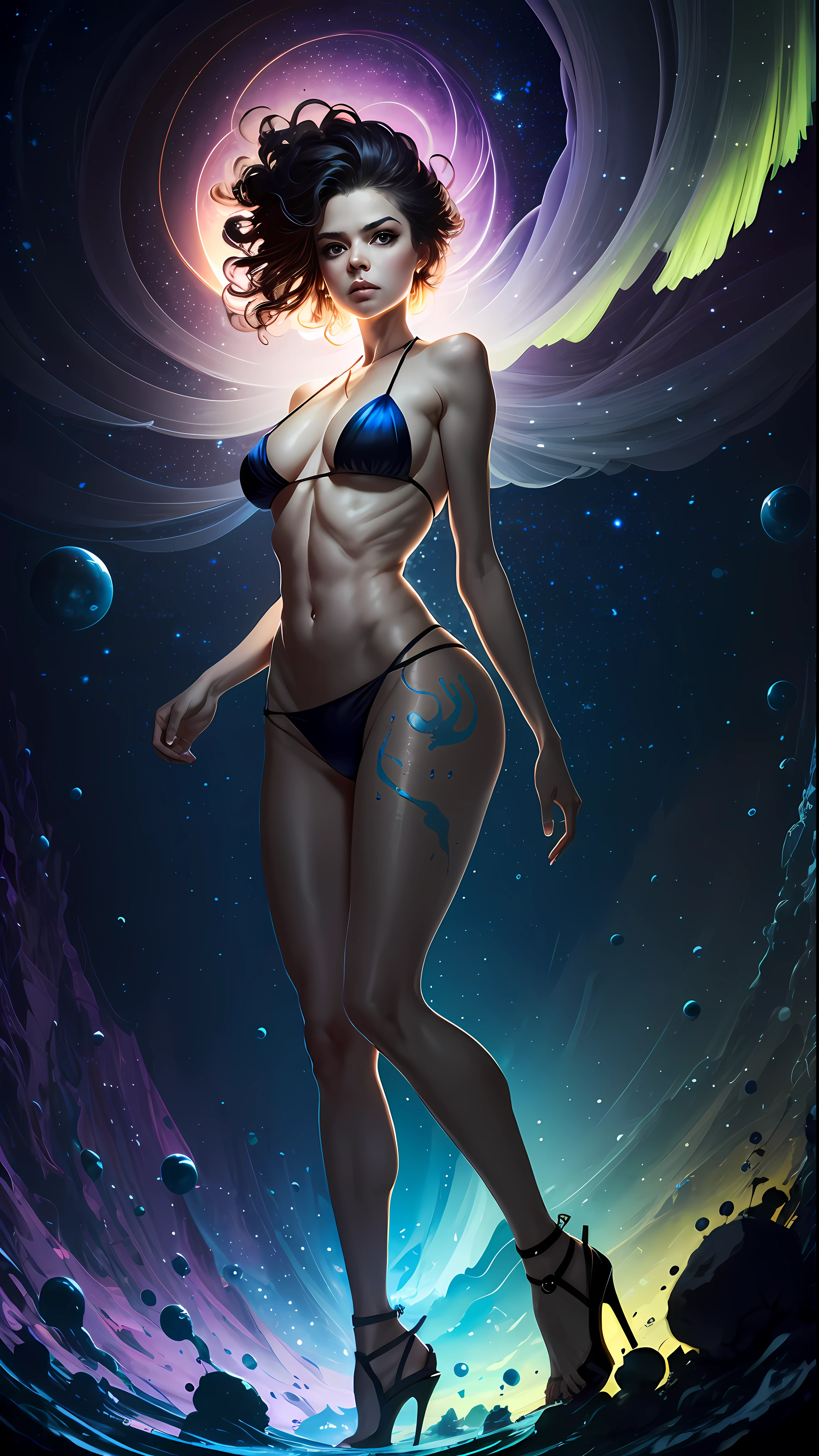 Style-Paint-1900, a beautiful and rapturous naked neon jellyfish woman completely covered in paint floating in a pool, beautiful lighting, up close, big and beautiful eyes and detailed, nirvana, relaxed, cold, from above, full body, paint drips, paint swirls, paint splashes, high heels, (beautiful swirls of spiral paint), by jeremy mann, by sandra chevrier, by Dave McKean and Richard Avedon and Maciej Kuciara, high detailed, 8k, vivid contrasting colors, chromatic aberration, stars touch the sky with aurora background nebula paint stars by Style-NebMagic, vivid and bright colors, a vibrant digital illustration, black background, behance hd, masterpiece, best quality, (realistic: 1.2), (high contrast: 1.2),
