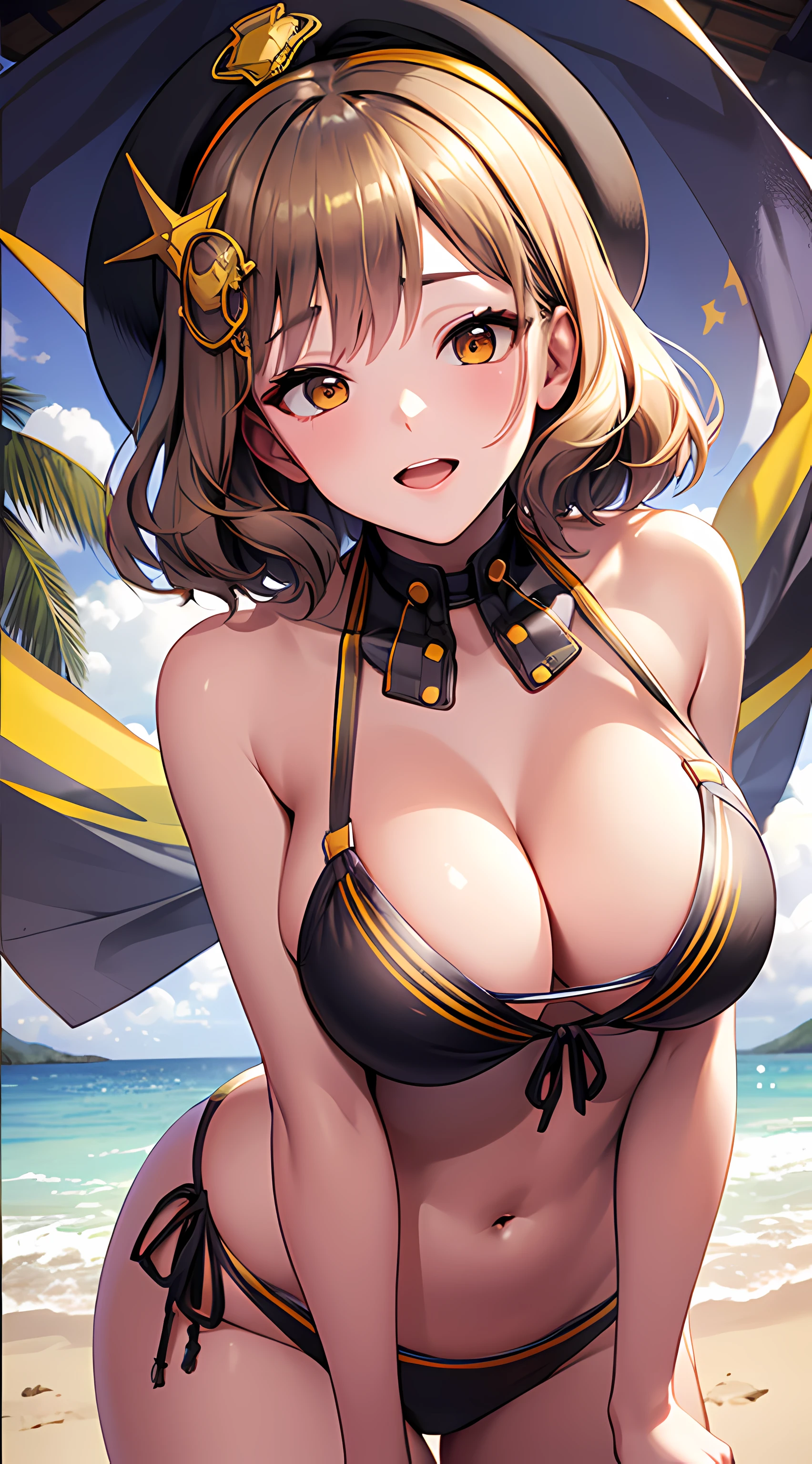 Best Quality, Ultra-Detailed,,1girl, Solo, Nikkeanis, Cross-Eyed, short_hair, open_mouth, Big Breasts, Bending Down, Big Thigh, brown_hair, hair_ornament, brown_eyes,yellow_eyes, Beret, Cowboy Shot, (Bikini:1.3), Beach, Summer, Silky Pale White, Shiny Skin