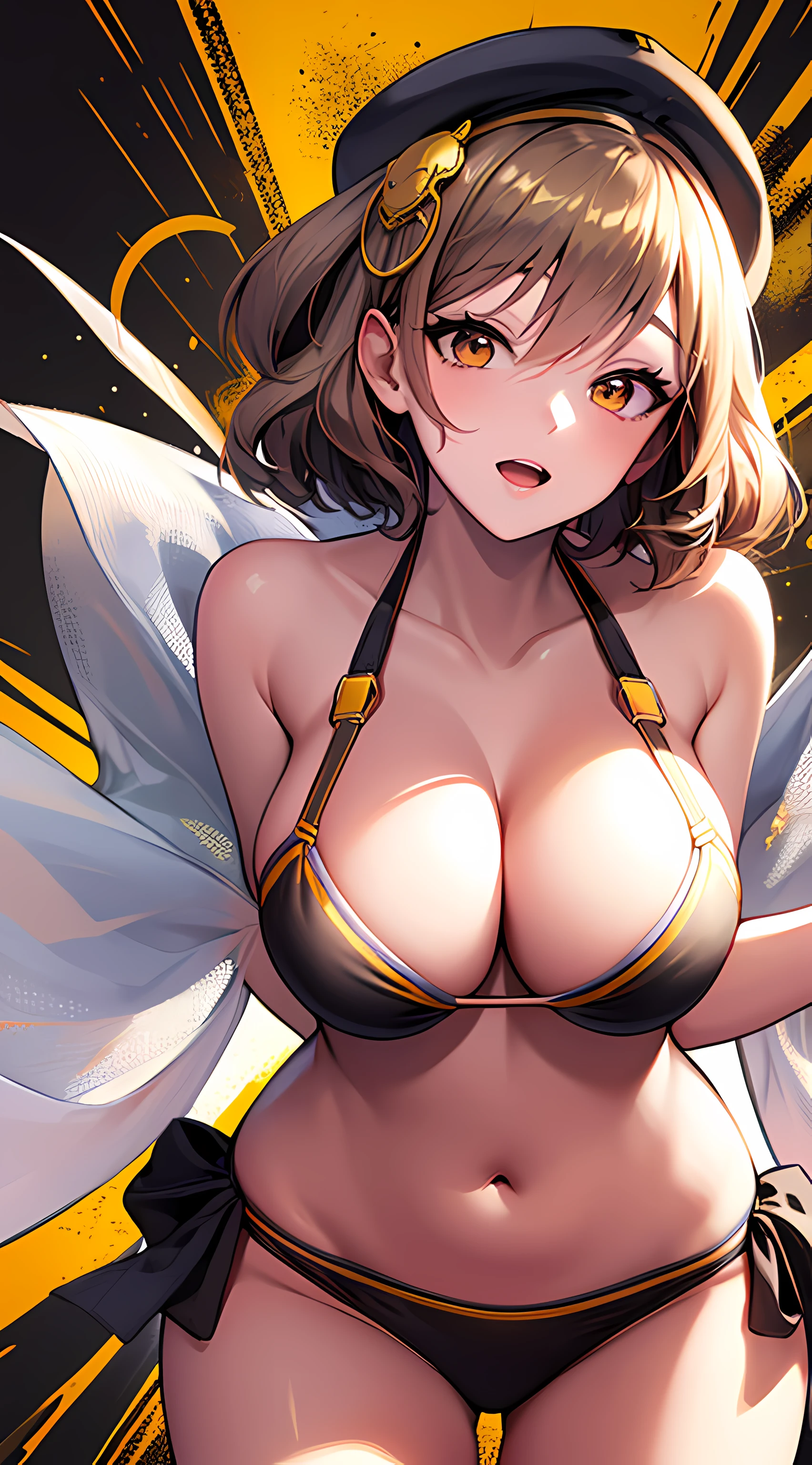 Best Quality, Ultra-Detailed,,1girl, Solo, Nikkeanis, Cross-Eyed, short_hair, open_mouth, Big Breasts, Bending Down, Big Thigh, brown_hair, hair_ornament, brown_eyes,yellow_eyes, Beret, Cowboy Shot, (Bikini:1.3), Beach, Summer, Silky Pale White, Shiny Skin