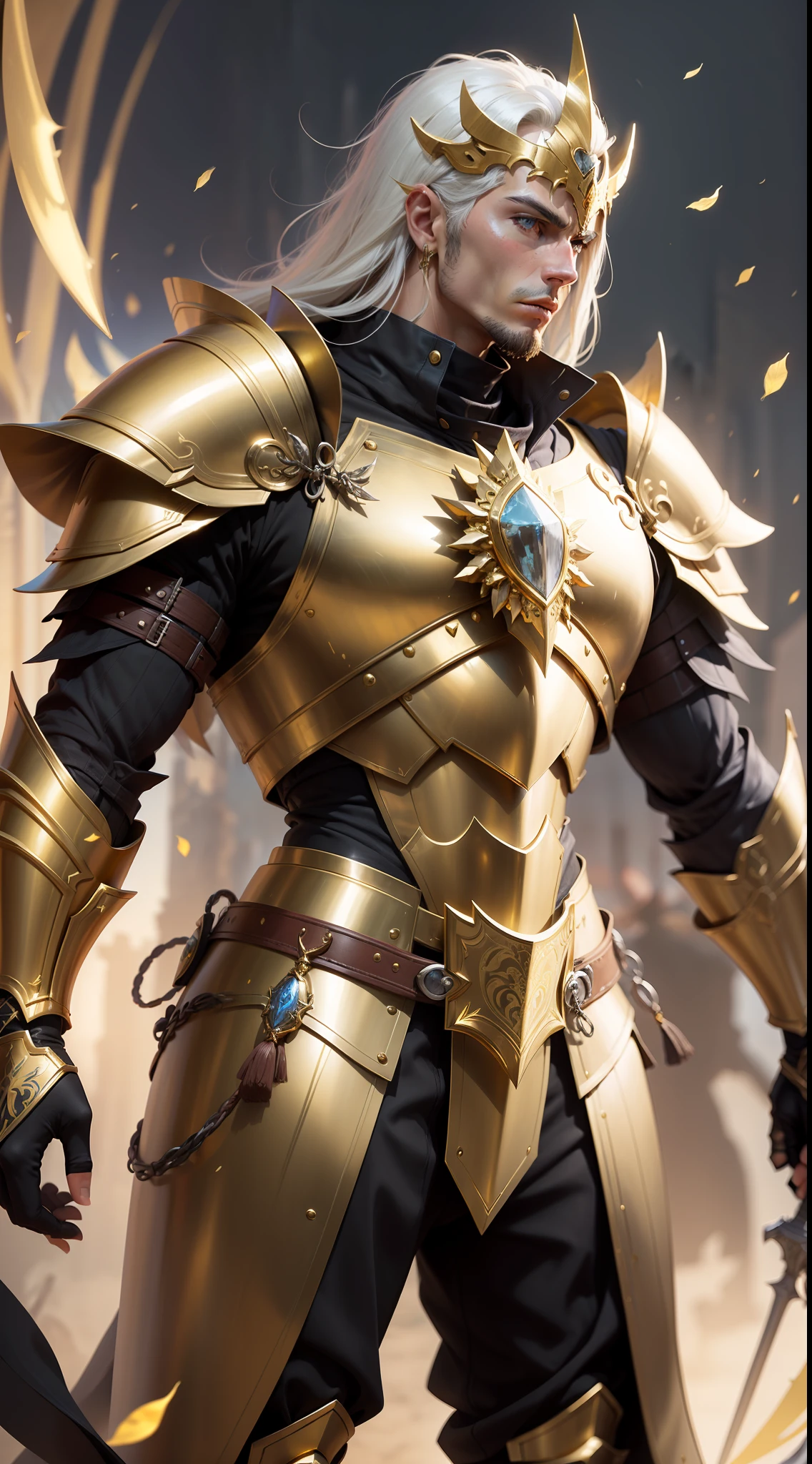 a close up of a man in armor with a golden sword, gold heavy armor. dramatic, stunning armor, golden armor, detailed fantasy armor, black and golden armor, beautiful armor, gold armor, fantasy armor, intricate golden armor, golden armour, fantasy warrior in full armor, sleek gold armor, very stylish fantasy armor, black and gold armor, light gold armor