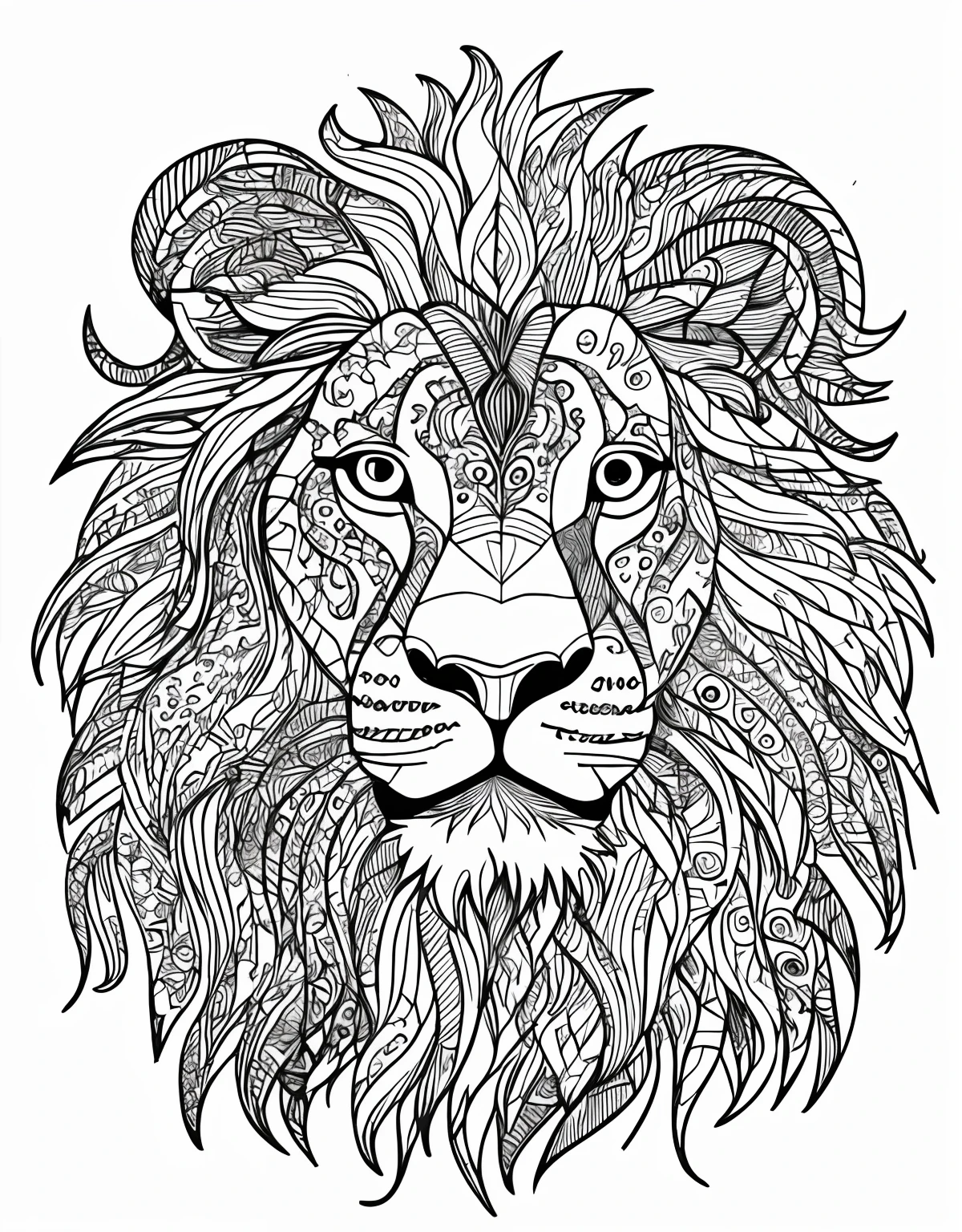 a lion head with intricate patterns on it, lion head, head of a lion, highly detailed and ornated, with the mane of a lion, clean ink detailed line drawing, detailed line art, the mane of a lion, half lion, line art illustration, lion, coloring book style, clean coloring book page, third lion head, lion with crown