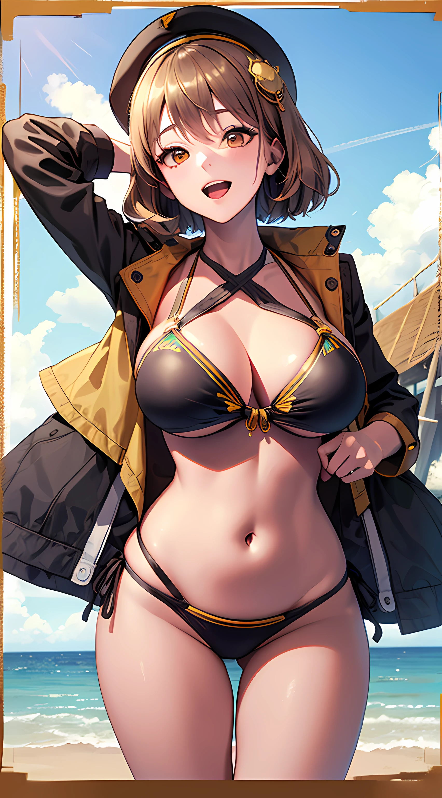 Best Quality, Ultra-Detailed,,1girl, Solo, Nikkeanis, Cross-Eyed, short_hair, open_mouth, Big Breasts, Very Bending Down, Big Hip, brown_hair, hair_ornament, brown_eyes,yellow_eyes, Beret, Cowboy Shot, (Bikini:1.3), Beach, Summer, Silky Pale White, Shiny Skin