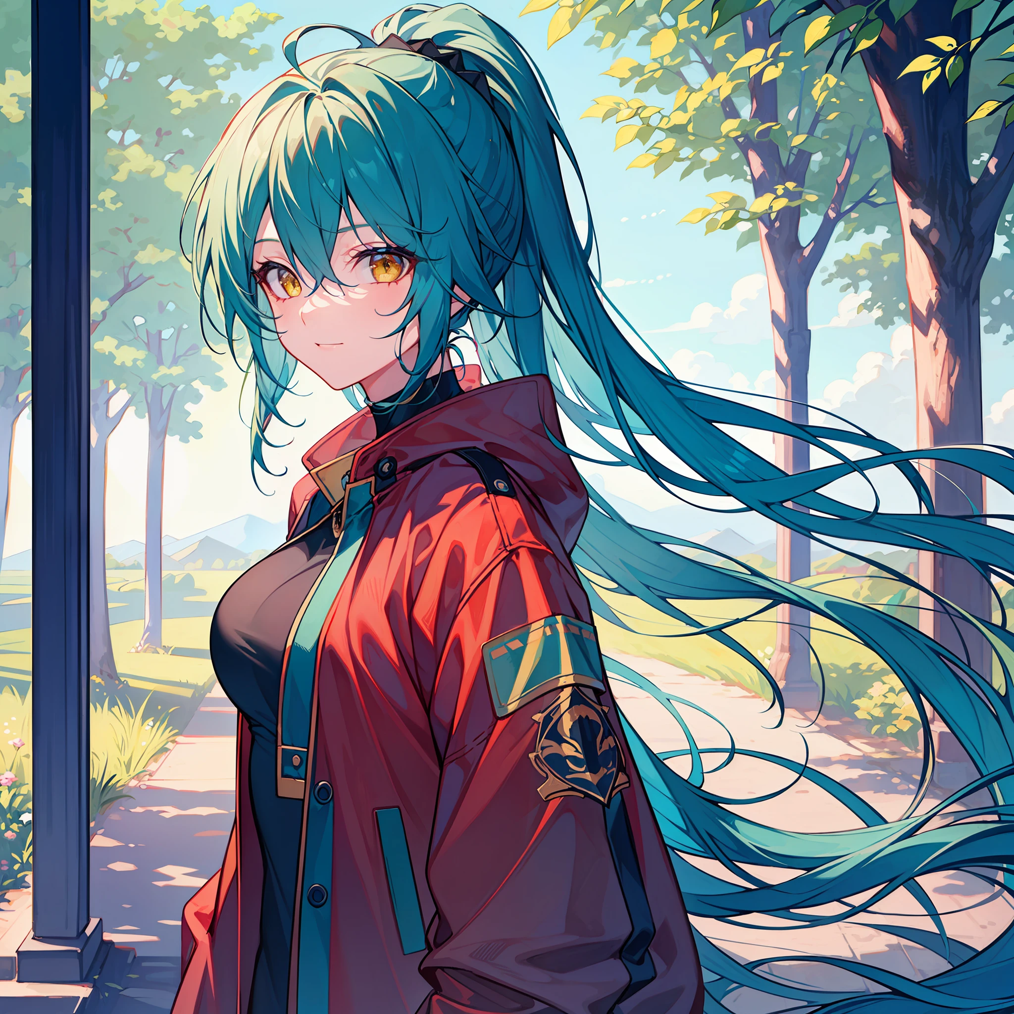 vibrant colors, girl, masterpiece, sharp focus, best quality, cinematlicilghting, detailed clothing, perfect eyes, dynamic pose, yellow eyes, light blue hair, very long hair, outdoors, hands out of frame, colorful inner hair, landscape, trees, clouds, sunlight, medium breasts, messy hair, hair between eyes, jacket, ponytail
