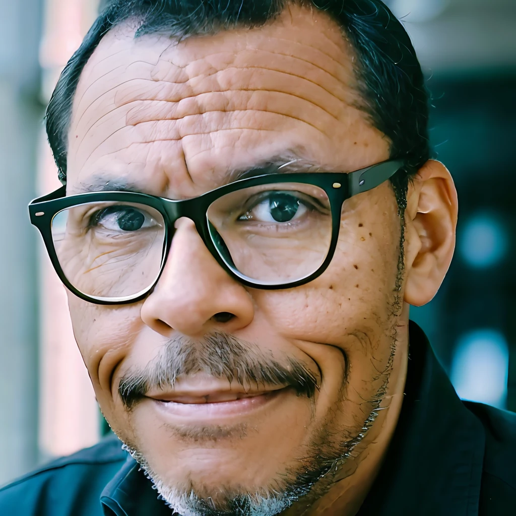 guttonerdvision6, detailed man with glasses, 50 years old, tall, looking at the camera, dark brown eyes, dark hair color, light skin color, taken with a Leica M6 and a Leica 75mm F1.25 Noctilux, atmospheric lens.