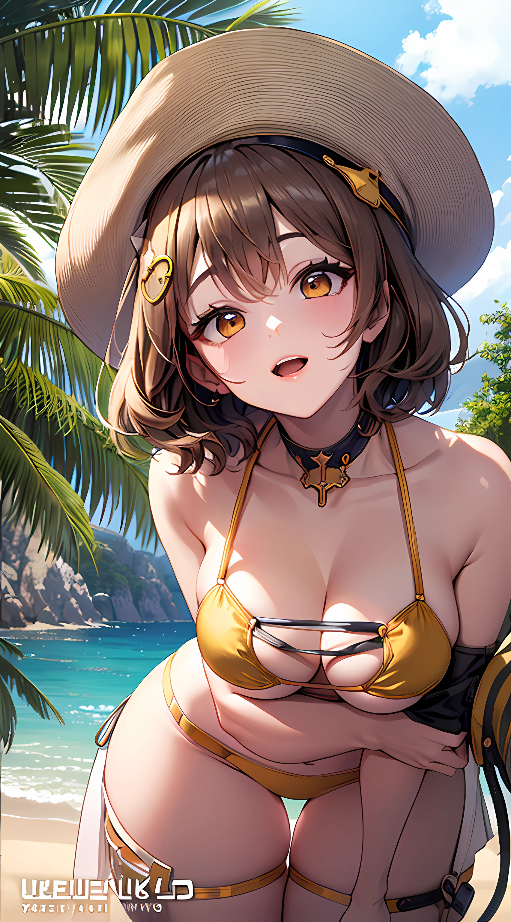 Best Quality, Ultra-Detailed,,1girl, Solo, Nikkeanis, Cross-Eyed, short_hair, open_mouth, Big Breasts, Very Bending Down, Big Hip, brown_hair, hair_ornament, brown_eyes,yellow_eyes, Beret, Cowboy Shot, (Bikini:1.3), Beach, Summer, Silky Pale White, Shiny Skin